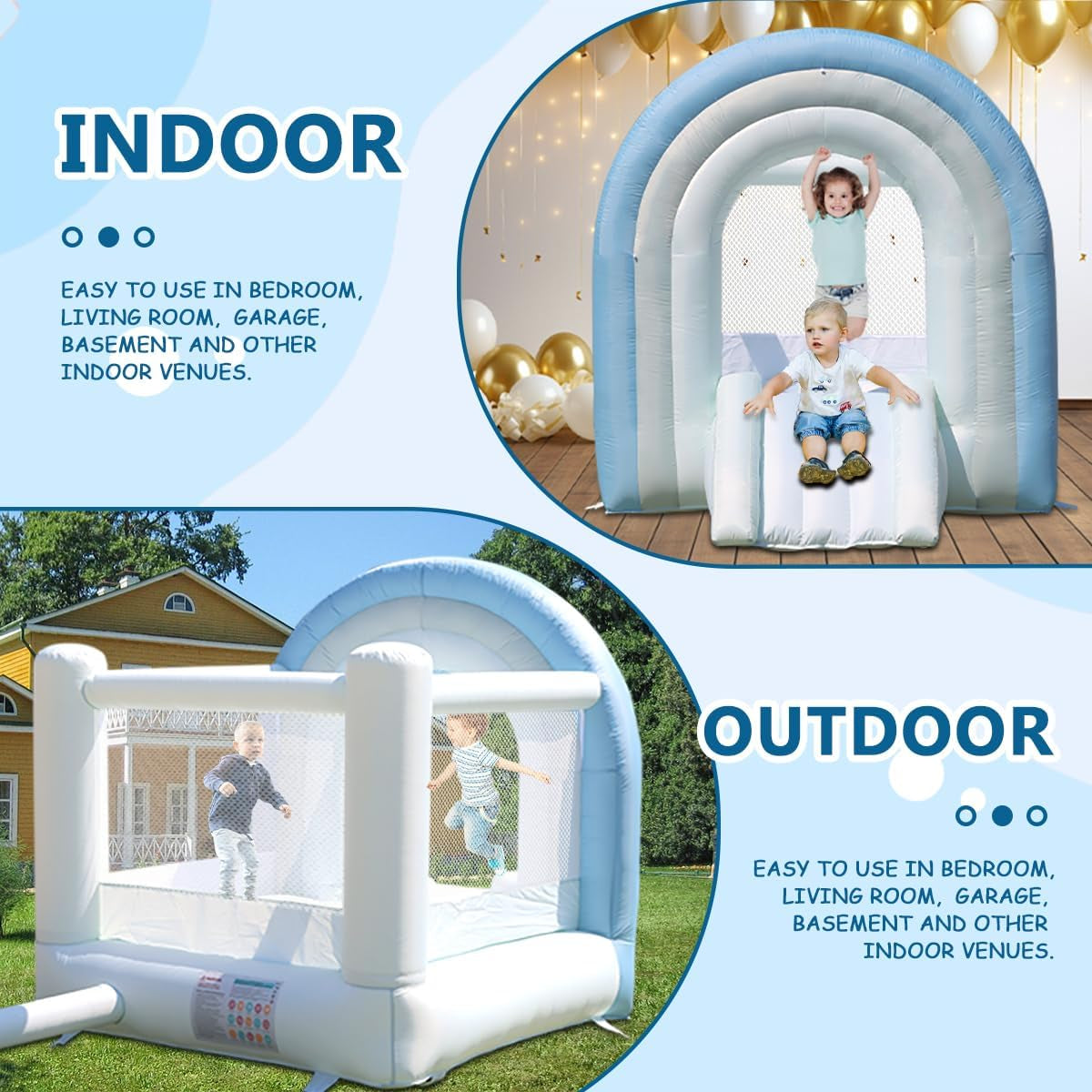 Bounce House, Inflatable Bounce House for Kids 3-8, White Blue Dream Bounce Castle with Blower, Large Jumping Area, Slide, DIY Rainbow Shaped Arched Doors, Perfect Bouncer for Kids Party
