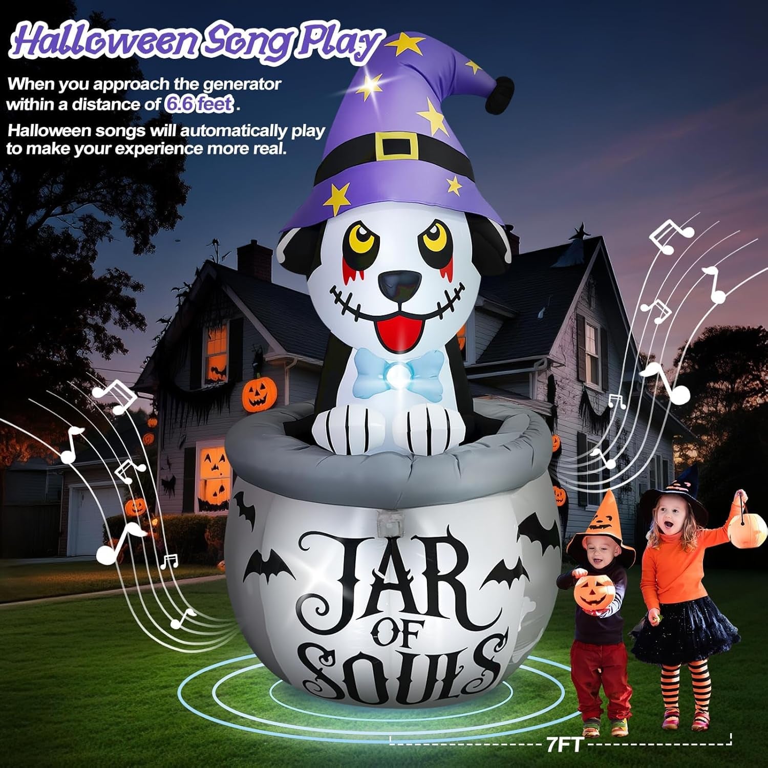 7FT Halloween Inflatables Animated Puppy Dog with Music, Witch Cauldron Halloween Blow Up Yard Decoration with Built-in LEDs for Indoor Outdoor Holiday Party Garden Lawn Decor
