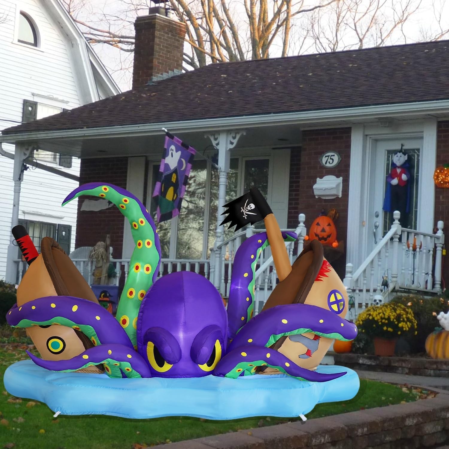 Halloween Inflatable Lighted Giant Octopus Attacked Pirate Ship, 7.5FT Long Spooky Purple Octopus & Haunted Ship with Lights, Animated Halloween Yard Prop, Outdoor Garden Lawn Blow up Decor