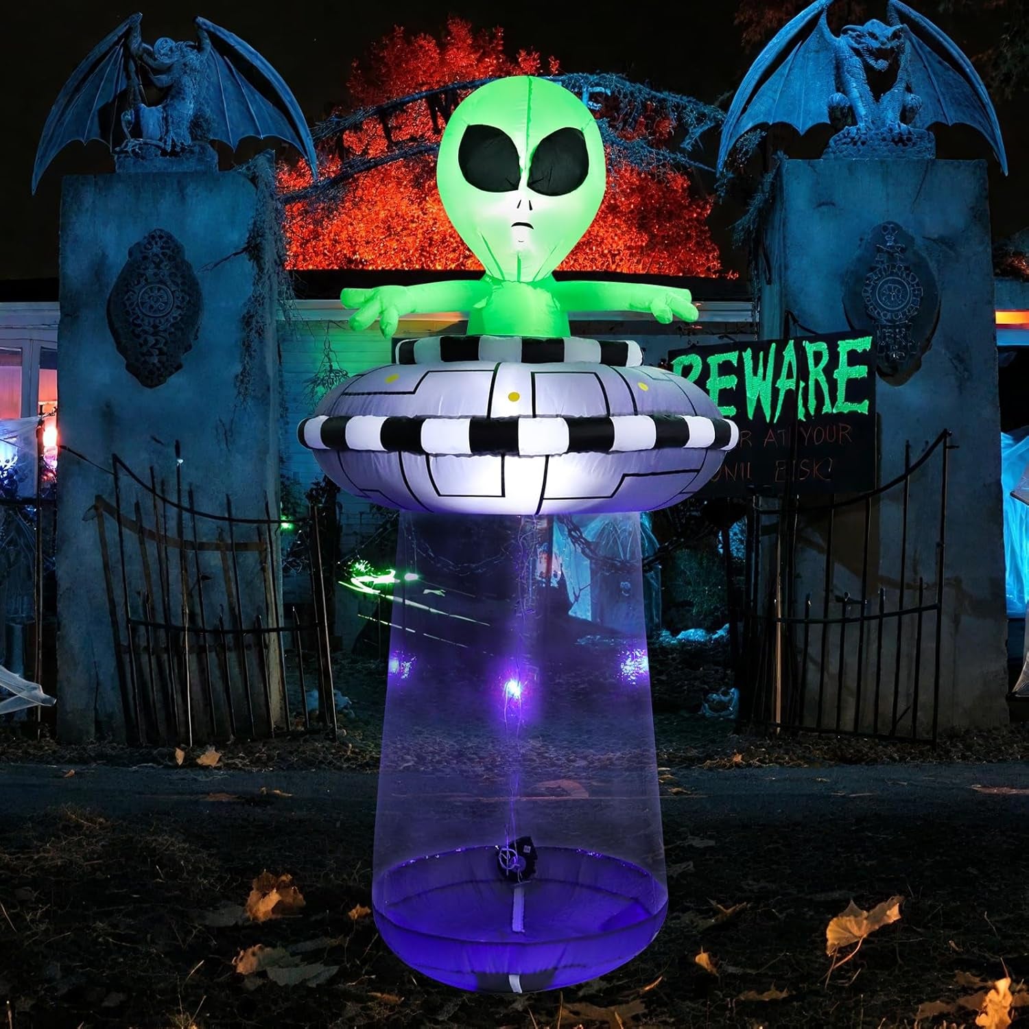 6FT Halloween Inflatable Alien with UFO Spaceship, Lighted Blow Up Outdoor Decoration with Spinning Lights, Giant Green Alien Prop for Lawn, Yard, Party, Haunted House