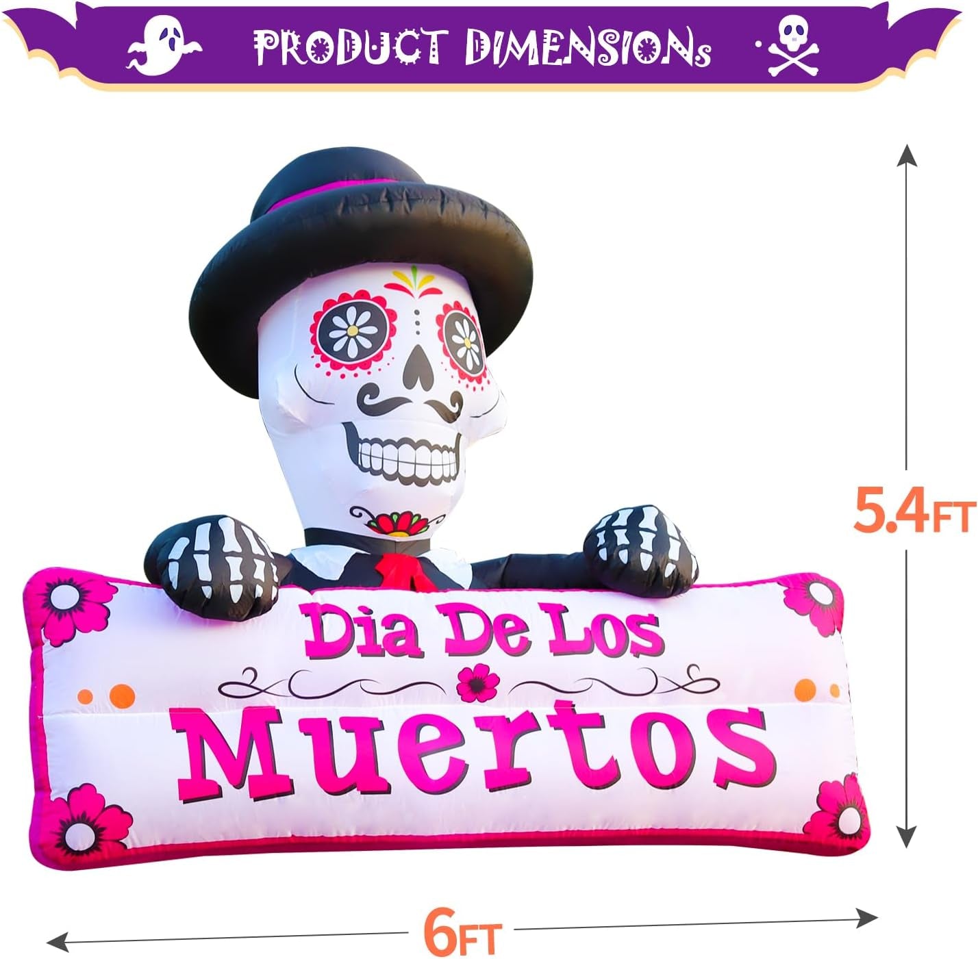 6FT Halloween Inflatable Blow Up Decorations, Dia de Los Muertos Day of Dead Banner, Build-in LED Lights Holiday Blow Up Yard Decoration for Halloween Party Outdoor Garden Yard Lawn Decor