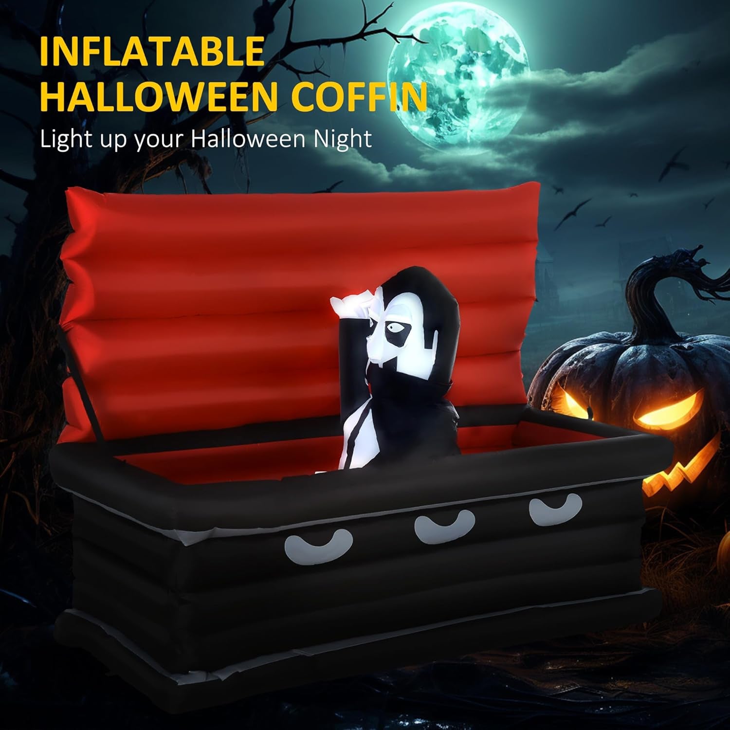 6FT W Halloween Inflatables Outdoor Decorations Vampire and Giant Coffin, Blow Up LED Yard Decor, for Garden, Lawn, Party, Holiday