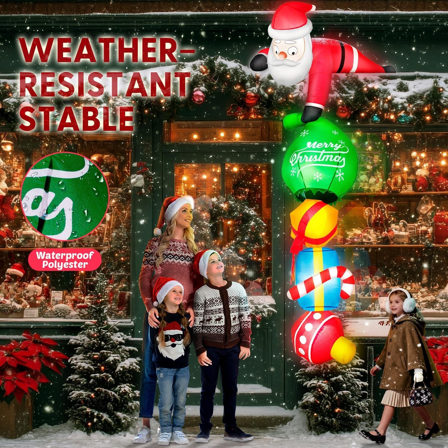 8FT Hanging Christmas Inflatable Outdoor Decoration Climbing Santa Pulling Gift Box Bag Funny Christmas Blow Up Yard Decorations with Built-in LEDs for Roof Balcony Window Tree Xmas Decor