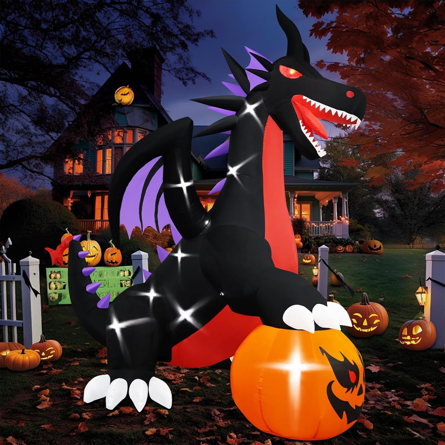 10Ft Tall Halloween Inflatables Giant Pumpkin Dragon Outdoor Decorations, Huge Blow up Pterosaur Yard Decor Build-In 17 Led Lights for outside Holiday Party Lawn Garden