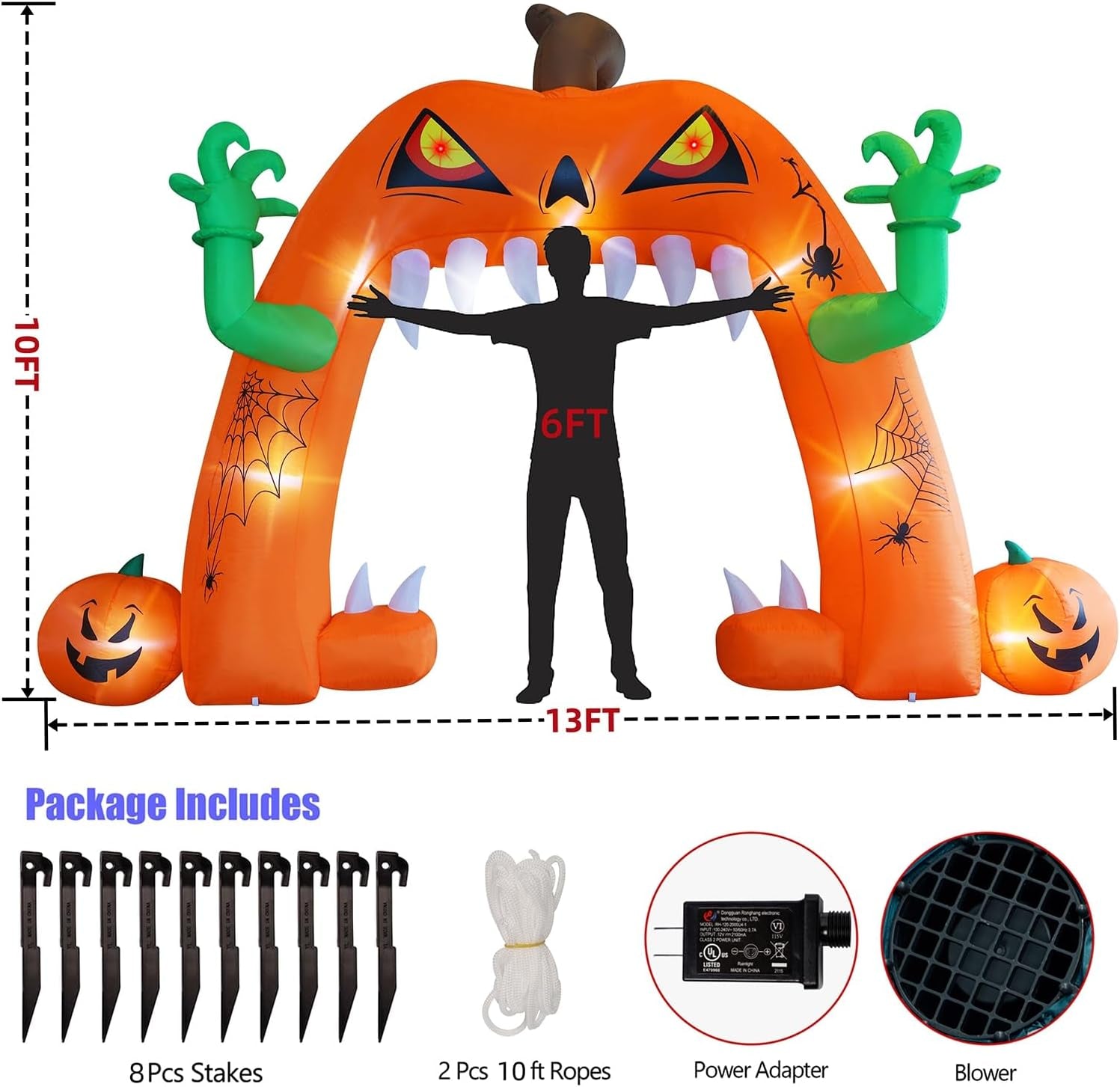 Halloween Inflatable Lighted Pumpkin Archway 13 FT(L) x 10 FT(H), Giant Jack-O-Lantern Lawn Arch with Build-in LED, Animated Halloween Yard Prop, Outdoor Holiday Blow up Decor
