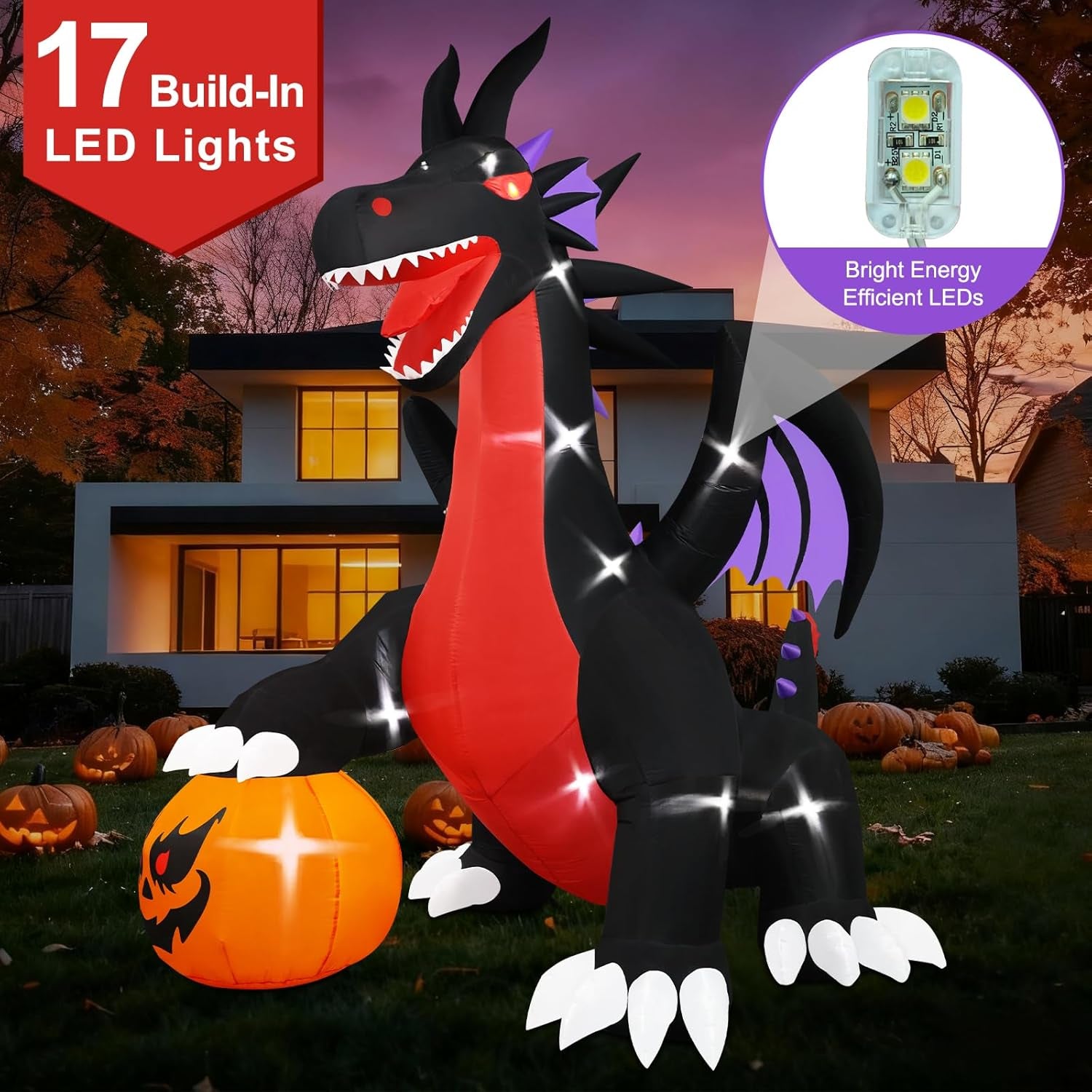 10Ft Tall Halloween Inflatables Giant Pumpkin Dragon Outdoor Decorations, Huge Blow up Pterosaur Yard Decor Build-In 17 Led Lights for outside Holiday Party Lawn Garden