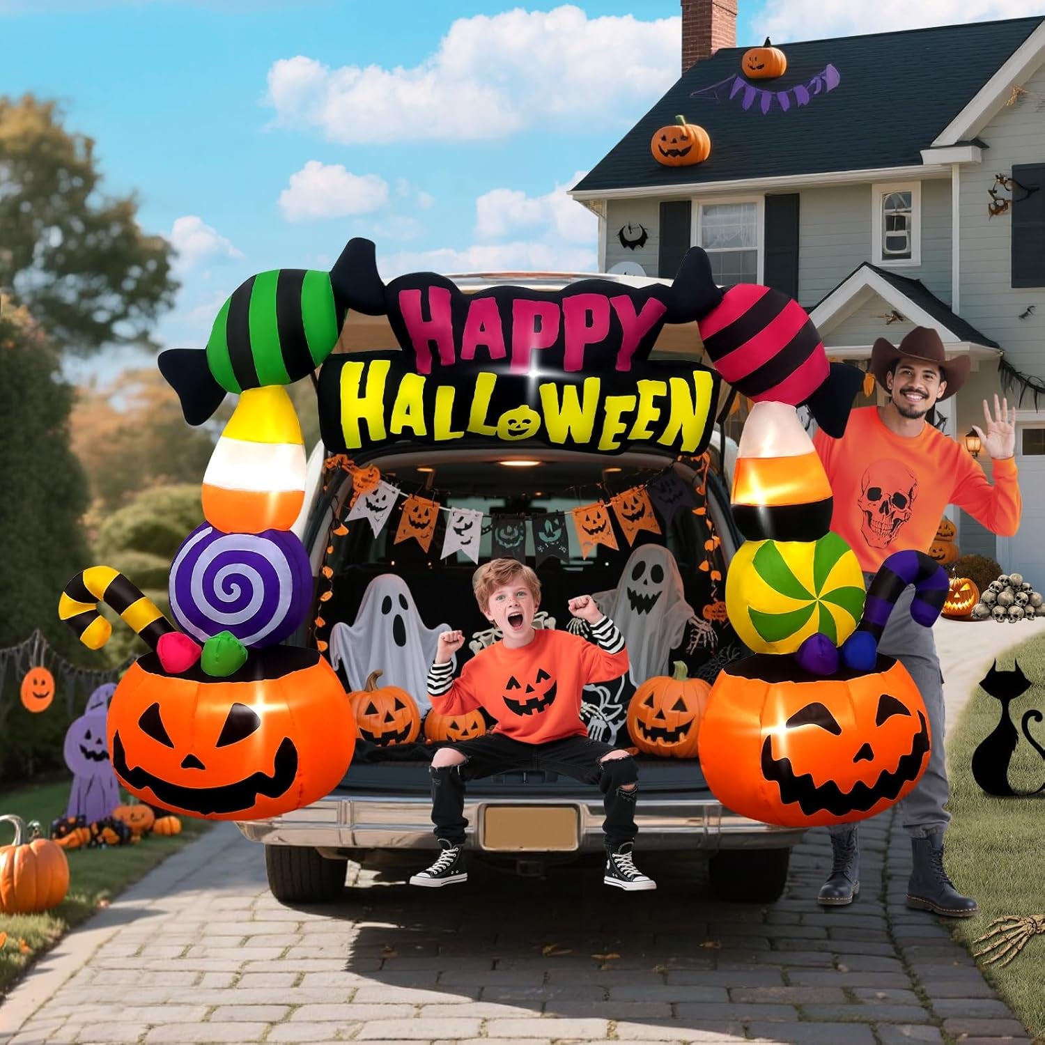 6FT Height Halloween Inflatables Trunk or Treat Car Decorations, Candy Pumpkin Arch Blow up Decorations with Built-in LED Lights Up for Halloween Party Lawn Yard SUV Car Luggage Decor