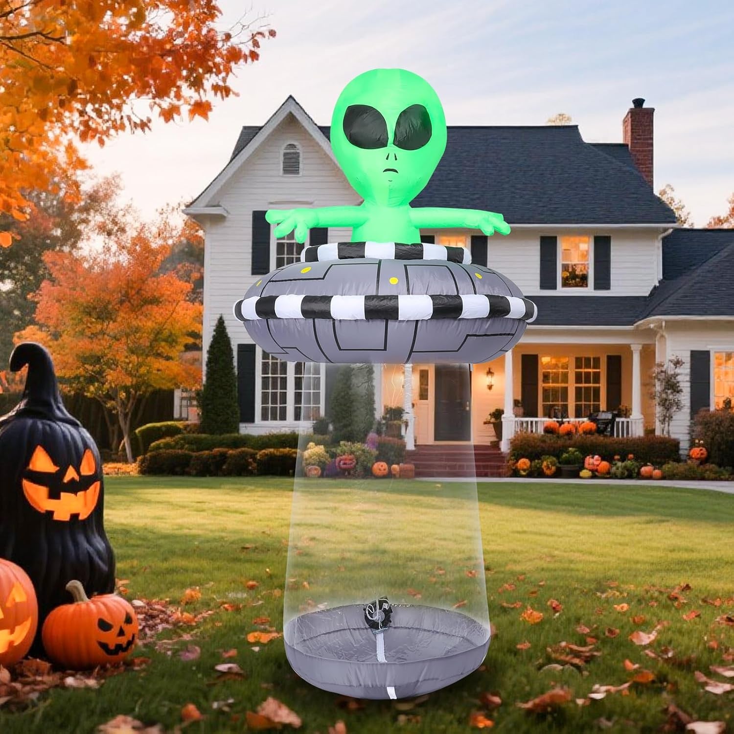 6FT Halloween Inflatable Alien with UFO Spaceship, Lighted Blow Up Outdoor Decoration with Spinning Lights, Giant Green Alien Prop for Lawn, Yard, Party, Haunted House