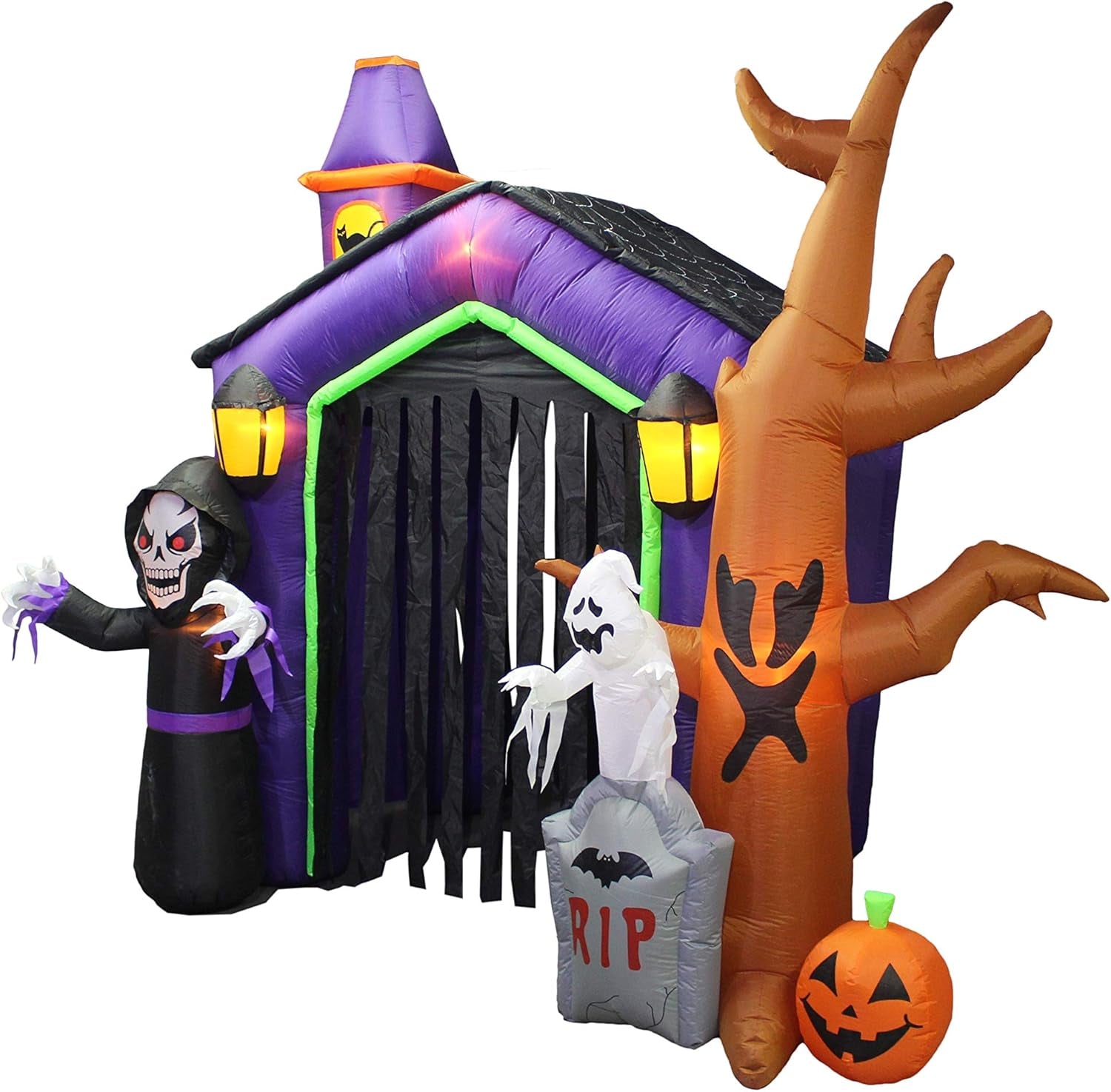 8.5 Foot Halloween Inflatable Haunted House Castle with Skeleton, Ghost, Tree and Pumpkin Lights Decor Outdoor Indoor Holiday Decorations, Blow up