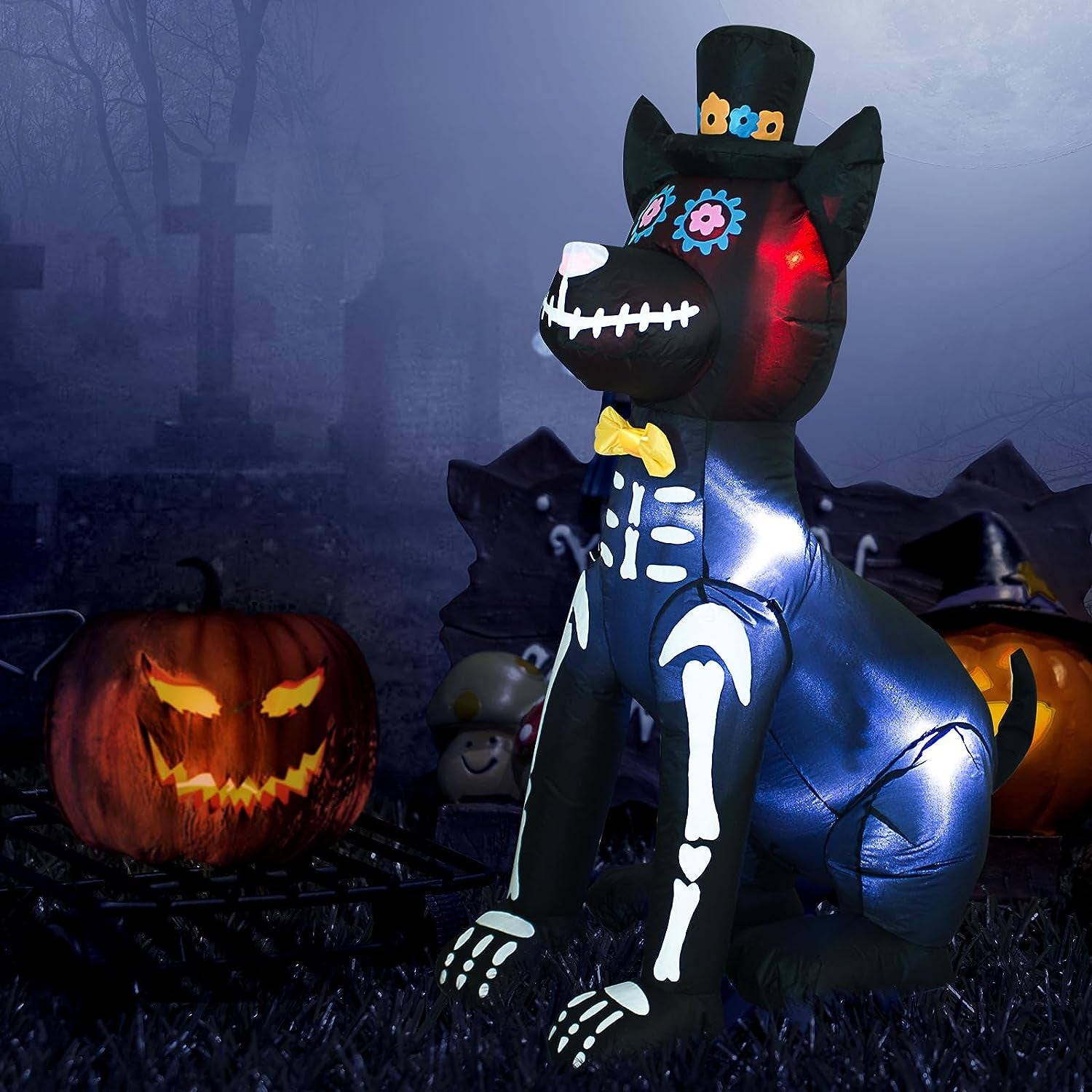 9 Feet Halloween Inflatable Train with Kittens White Ghosts/Pumpkin with LED Lights Blow up Lighted Yard Decor Giant Lawn Halloween Inflatable Home Garden Party Favor Decoration