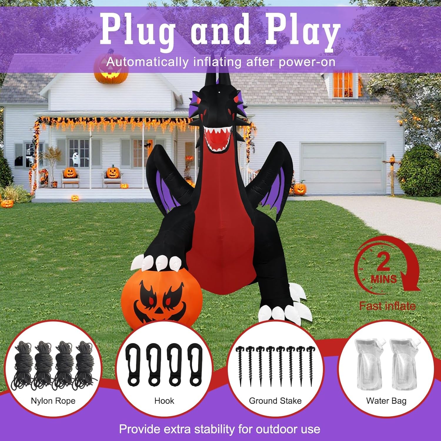 10Ft Tall Halloween Inflatables Giant Pumpkin Dragon Outdoor Decorations, Huge Blow up Pterosaur Yard Decor Build-In 17 Led Lights for outside Holiday Party Lawn Garden