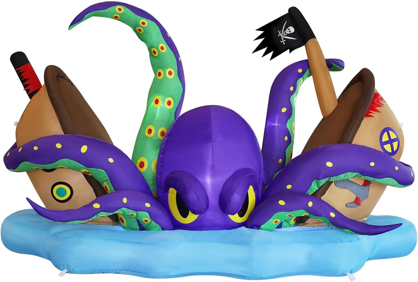 Halloween Inflatable Lighted Giant Octopus Attacked Pirate Ship, 7.5FT Long Spooky Purple Octopus & Haunted Ship with Lights, Animated Halloween Yard Prop, Outdoor Garden Lawn Blow up Decor