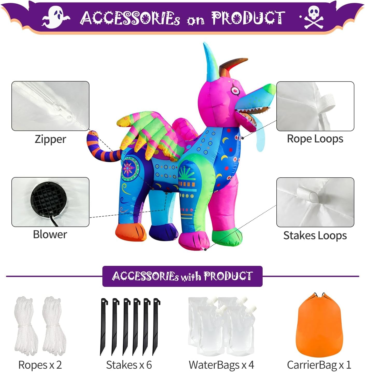 6FT Halloween Inflatable Blow Up Decorations, Dia de Los Muertos Day of Dead Alebrije, Built-in LEDs for Holiday Party, Garden, Lawn, Yard, Patio Décor