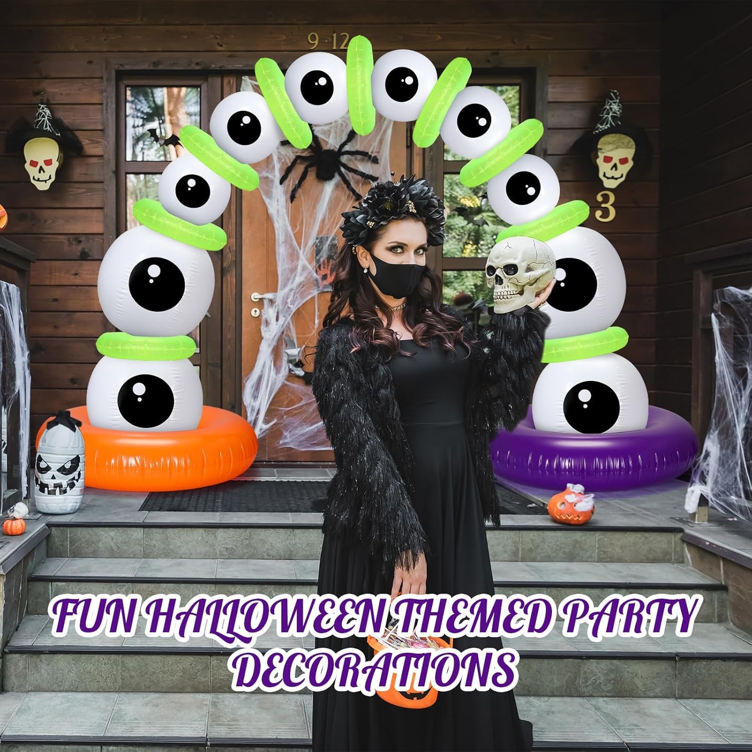 21 Pack Halloween Party Arch Kit Include 4 Large 24 Inch Inflatable Eyeballs, 6 Pcs 16 Inch Eyeball Beach Balls and 11 Inflatable Pool Swim Ring for Halloween Beach Balls Decorations Outdoor