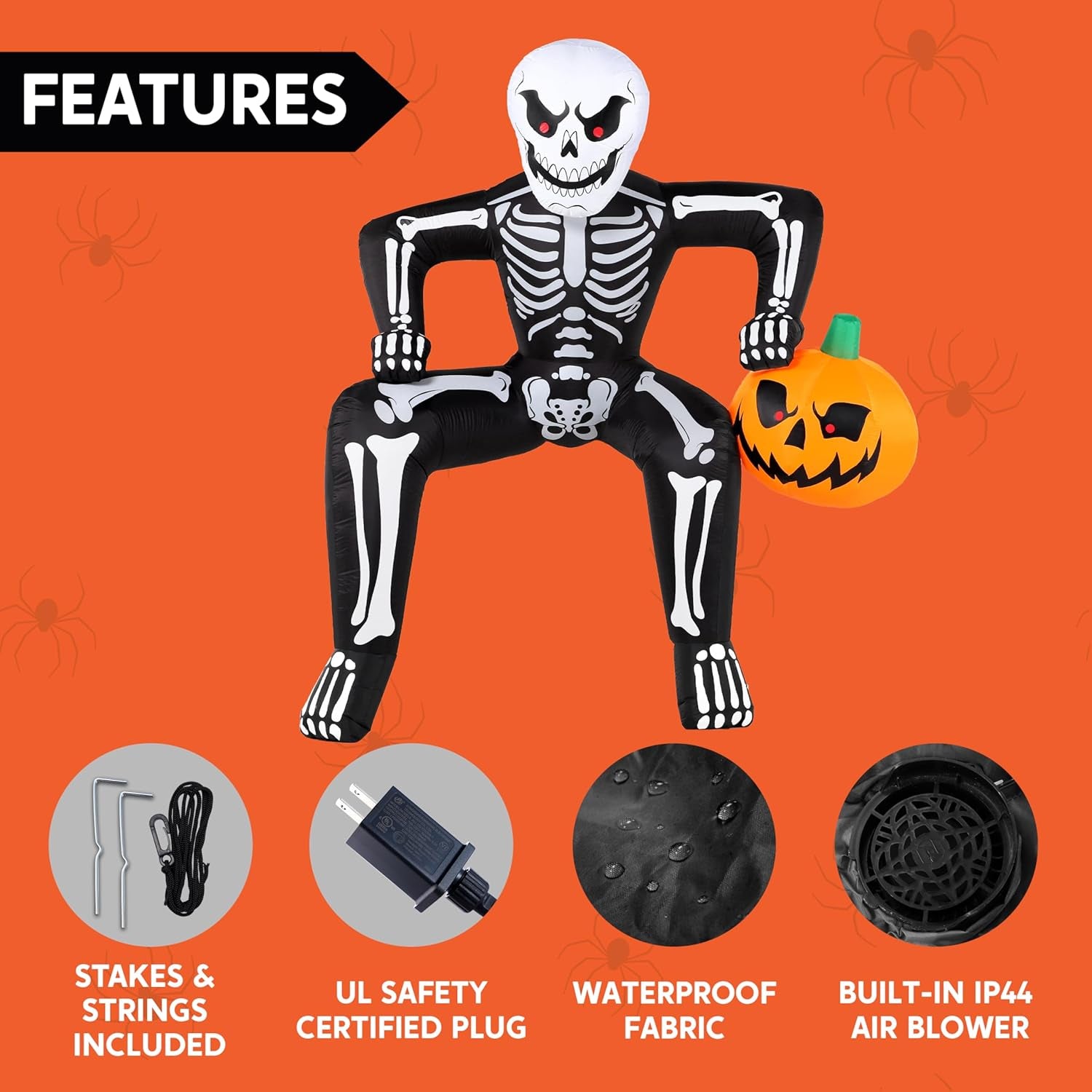 8.5ft Halloween Inflatable Skeleton, Blow Up Skeleton Holding Pumpkin for Rooftop Outdoor Decoration with LED Light, Blow Up Skeleton Sitting On The Roof for Halloween Rooftop Yard Party Decor