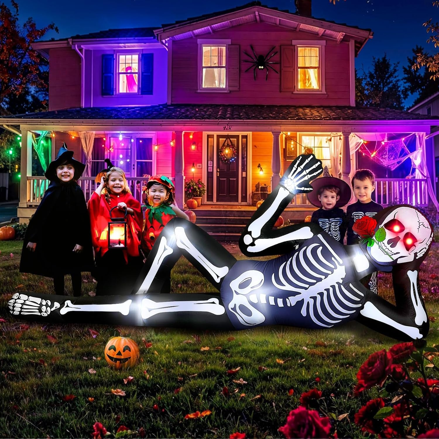 10FT Halloween Inflatables Skeleton Outdoor Decorations, Giant Lying Inflatable Skeletons with Glowing Red Eyes, Scary Halloween Blow Ups Yard Decorations for outside Lawn, Garden, Roof