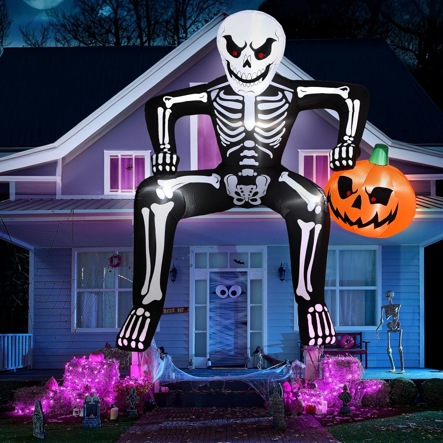 8.5ft Halloween Inflatable Skeleton, Blow Up Skeleton Holding Pumpkin for Rooftop Outdoor Decoration with LED Light, Blow Up Skeleton Sitting On The Roof for Halloween Rooftop Yard Party Decor