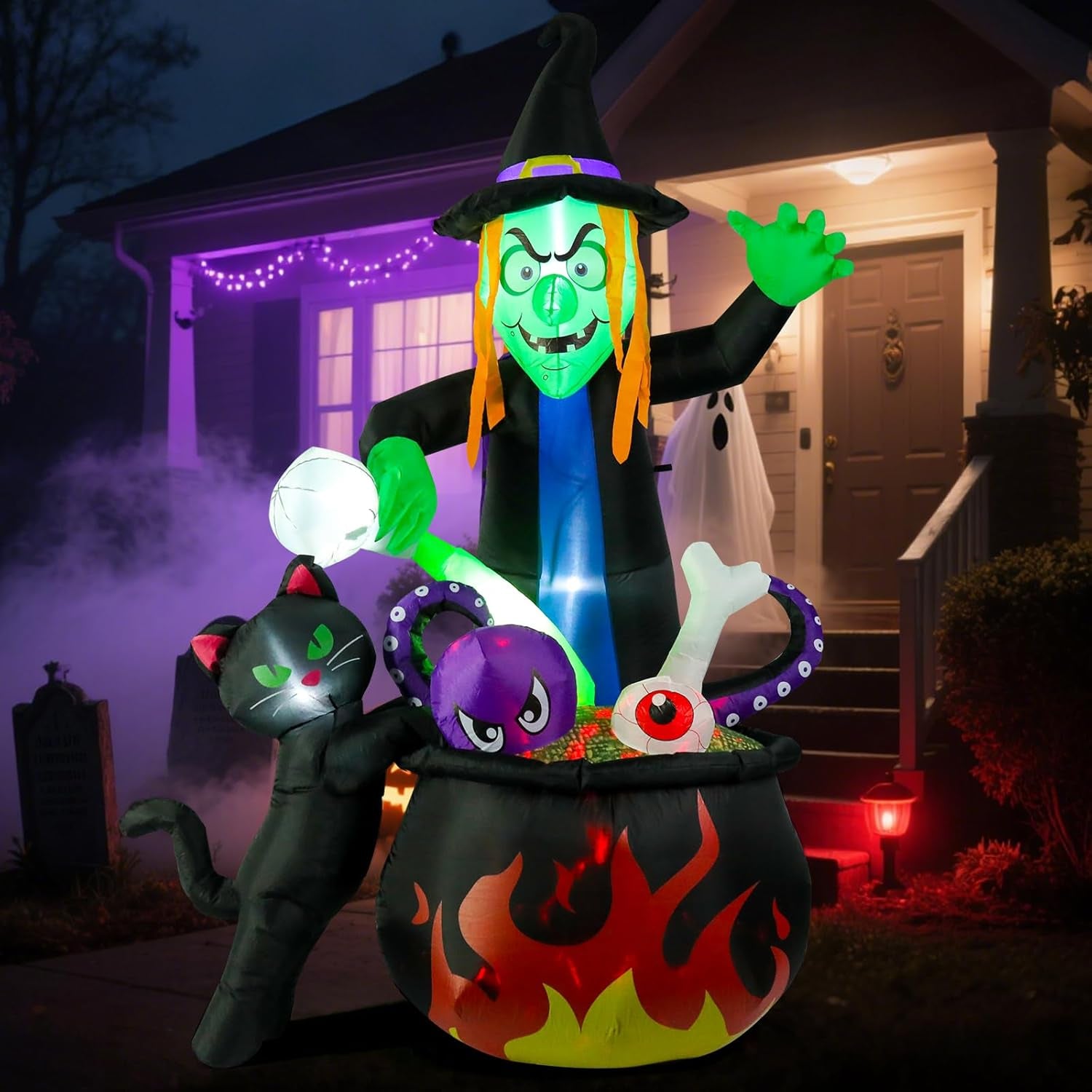 8FT Halloween Inflatable Witch Stirring Cauldron, Lighted Blow Up Yard Decoration with Cat, Tentacles & Eyeball, Giant Outdoor Prop for Lawn, Party, Haunted House