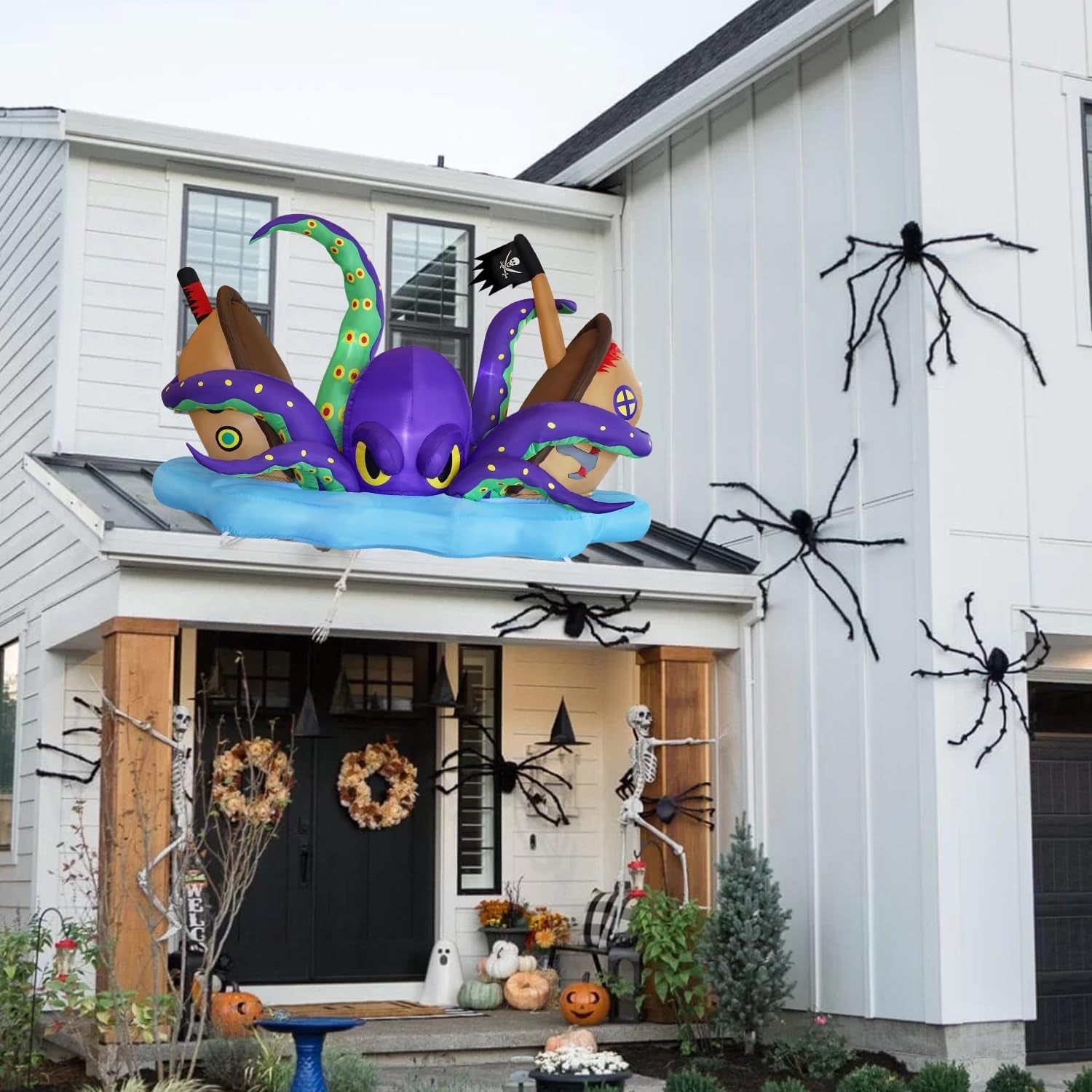 Halloween Inflatable Lighted Giant Octopus Attacked Pirate Ship, 7.5FT Long Spooky Purple Octopus & Haunted Ship with Lights, Animated Halloween Yard Prop, Outdoor Garden Lawn Blow up Decor