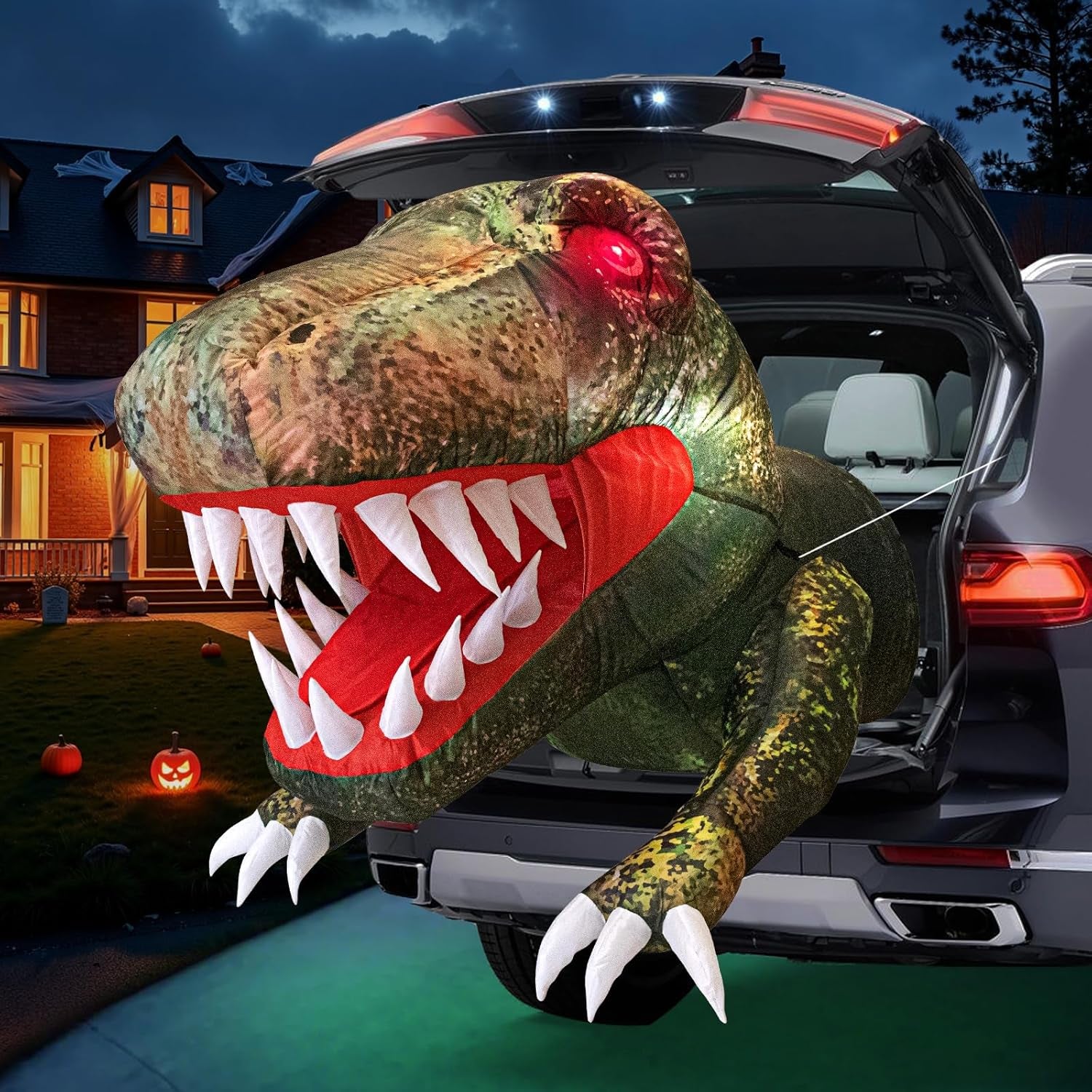 Halloween Inflatable Outdoor Decorations, 3.8FT Trunk or Treat Car Decorations, Blow Up Animated Dinosaur with Flashing Red LED Eyes for Halloween Yard Decoration