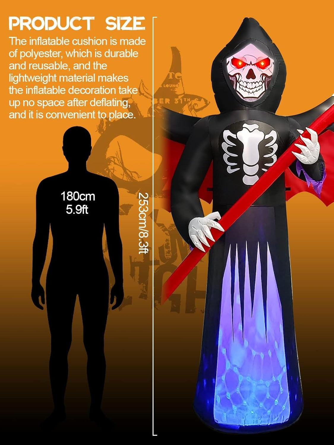 8.3FT Length Halloween Inflatables Outdoor Scythe Ghost Reaper, Blow Up Yard Lawn Decorations Clearance with LED Lights Up Built-in for Halloween Party Indoor, Outside Yard, Law Garden Decor