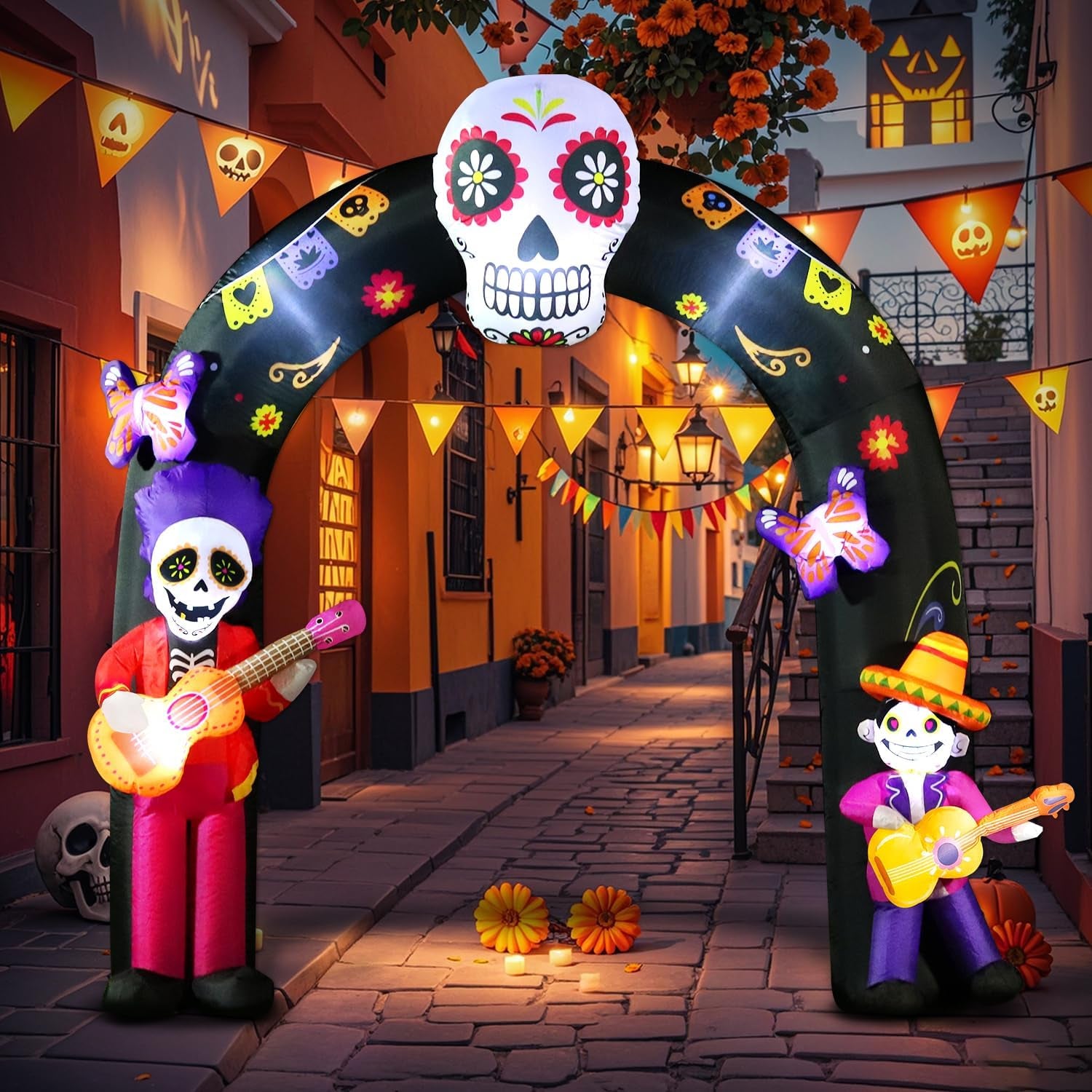 Halloween Inflatable Blow Up Decorations Archway, Dia de Los Muertos 8FT Day of Dead Arch with Skull Skeleton, Built-in LEDs for Holiday Party, Garden, Lawn, Yard, Patio Décor