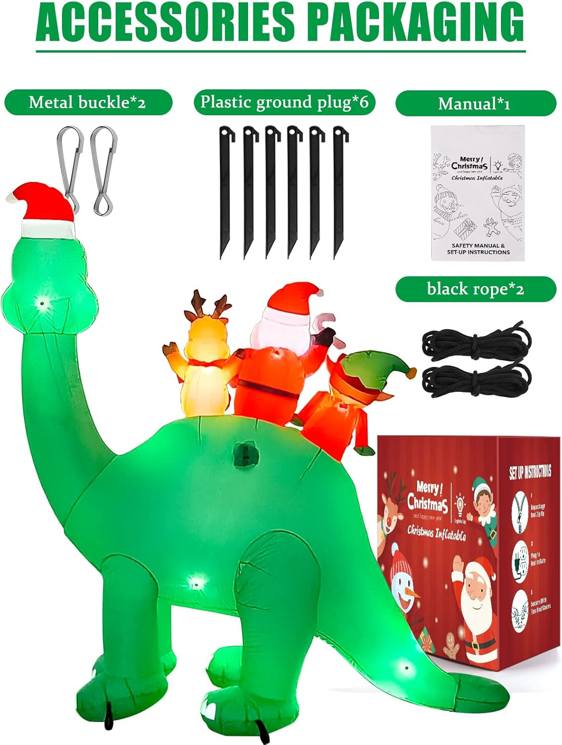 7Ft Christmas Inflatables Outdoor Decorations Dinosaur with Elk Elf Santa Claus Blow Up Yard Decorations with Built-in LED Lights for Garden Lawn Outdoor Yard Xmas Winter Holiday Supplies