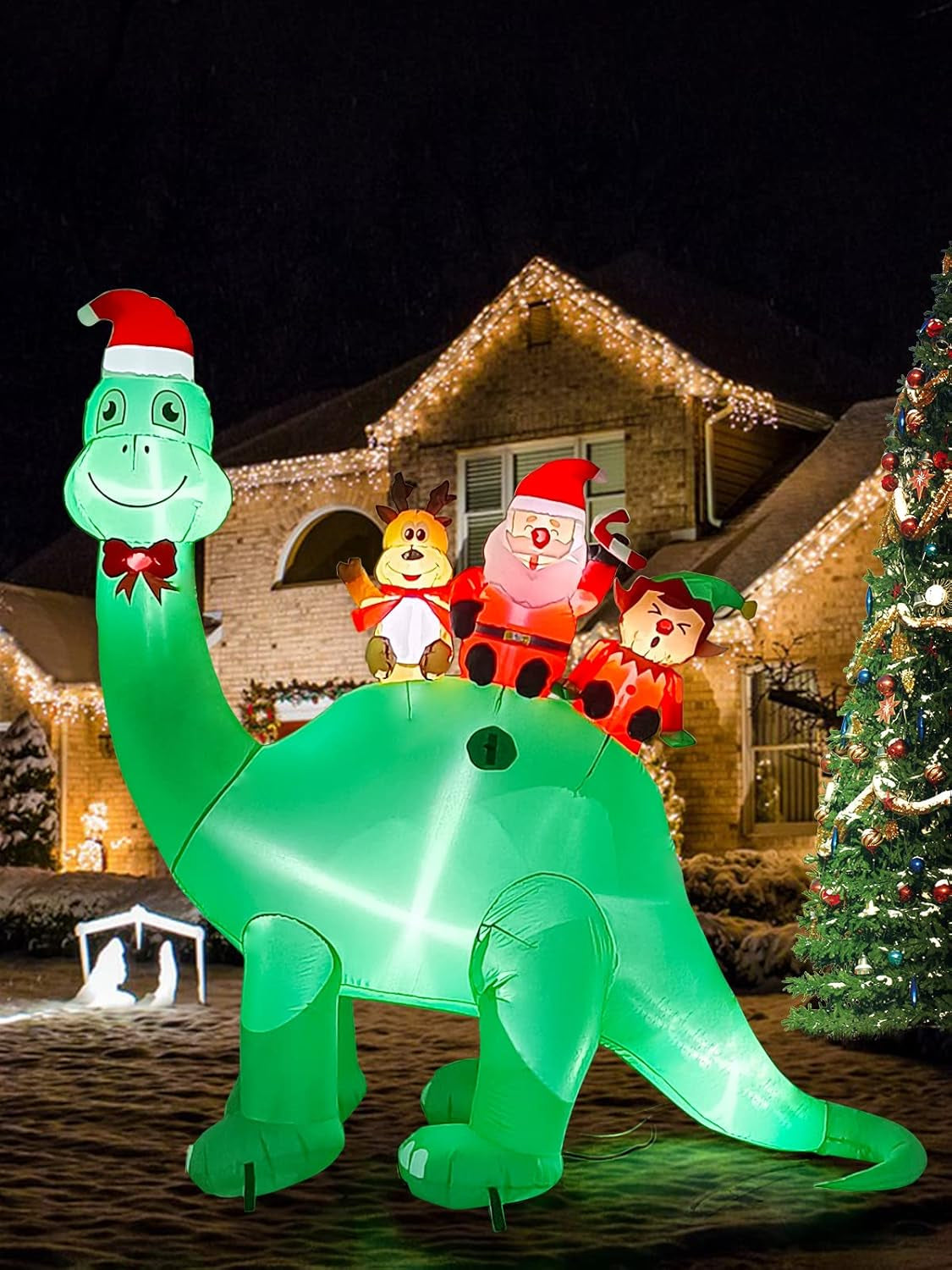 7Ft Christmas Inflatables Outdoor Decorations Dinosaur with Elk Elf Santa Claus Blow Up Yard Decorations with Built-in LED Lights for Garden Lawn Outdoor Yard Xmas Winter Holiday Supplies