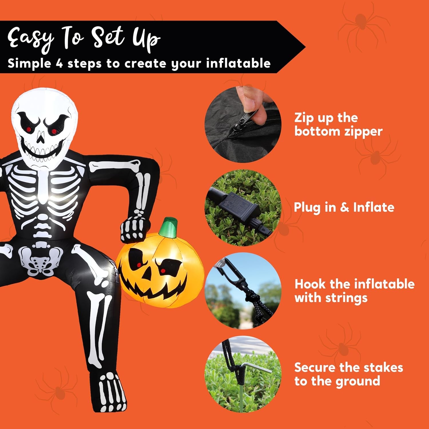 8.5ft Halloween Inflatable Skeleton, Blow Up Skeleton Holding Pumpkin for Rooftop Outdoor Decoration with LED Light, Blow Up Skeleton Sitting On The Roof for Halloween Rooftop Yard Party Decor