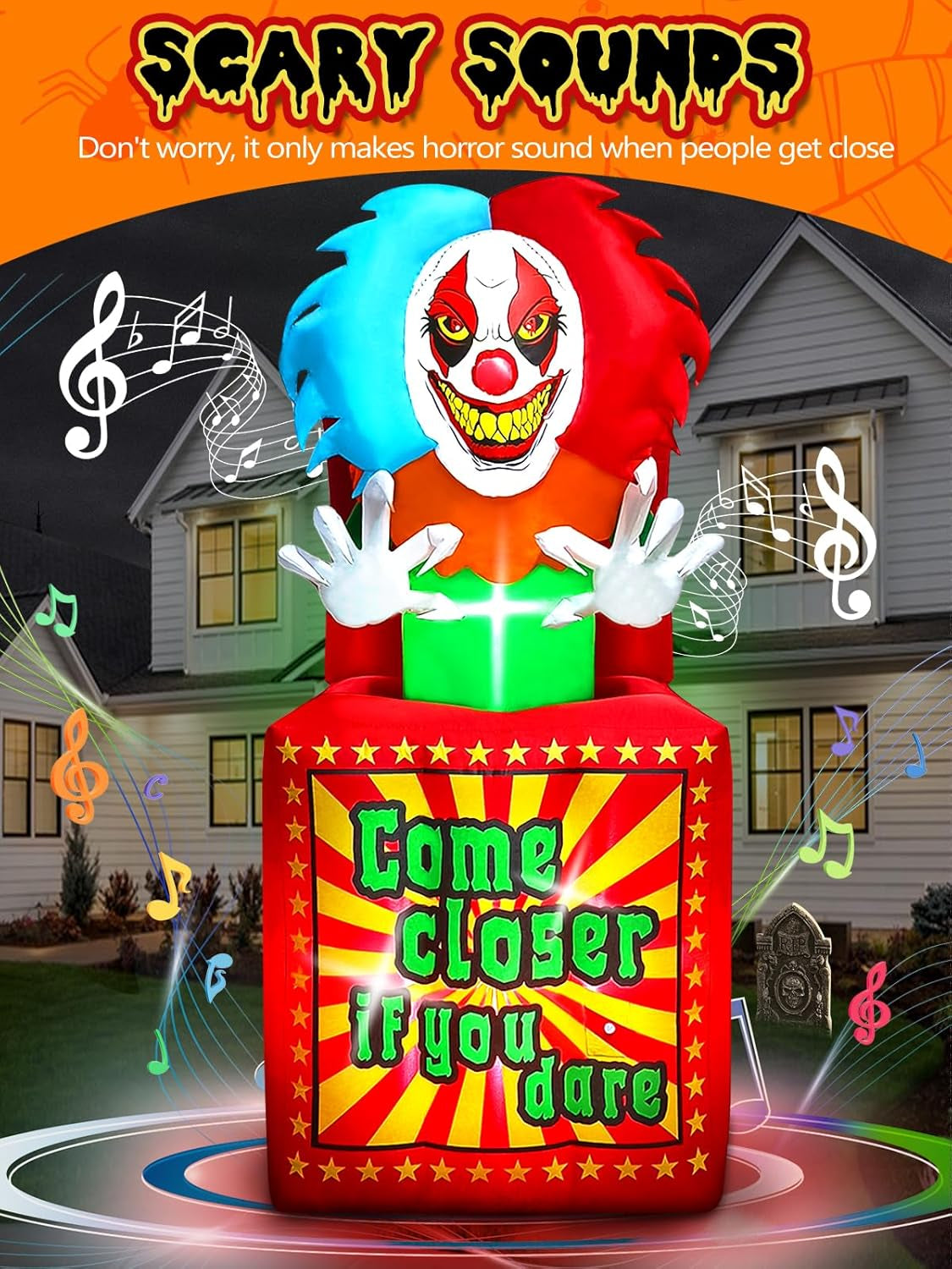 6.6 FT Halloween Inflatables Animated Clown with Music, Circus Clown Box Outdoor Decorations Blow Up Yard with Built-in LEDs for Indoor Outdoor Party Garden Lawn Decor