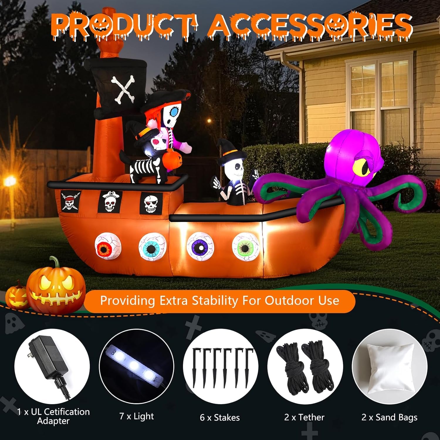 10FT Halloween Inflatable Pirate Ship outdoor Decoration with Built-in LEDs Lights, Blow Up Boat with Octopus and Pirate Skeleton for Outside/Indoor Xmas,Yard,Garden,Lawn,Party, Holiday Decor