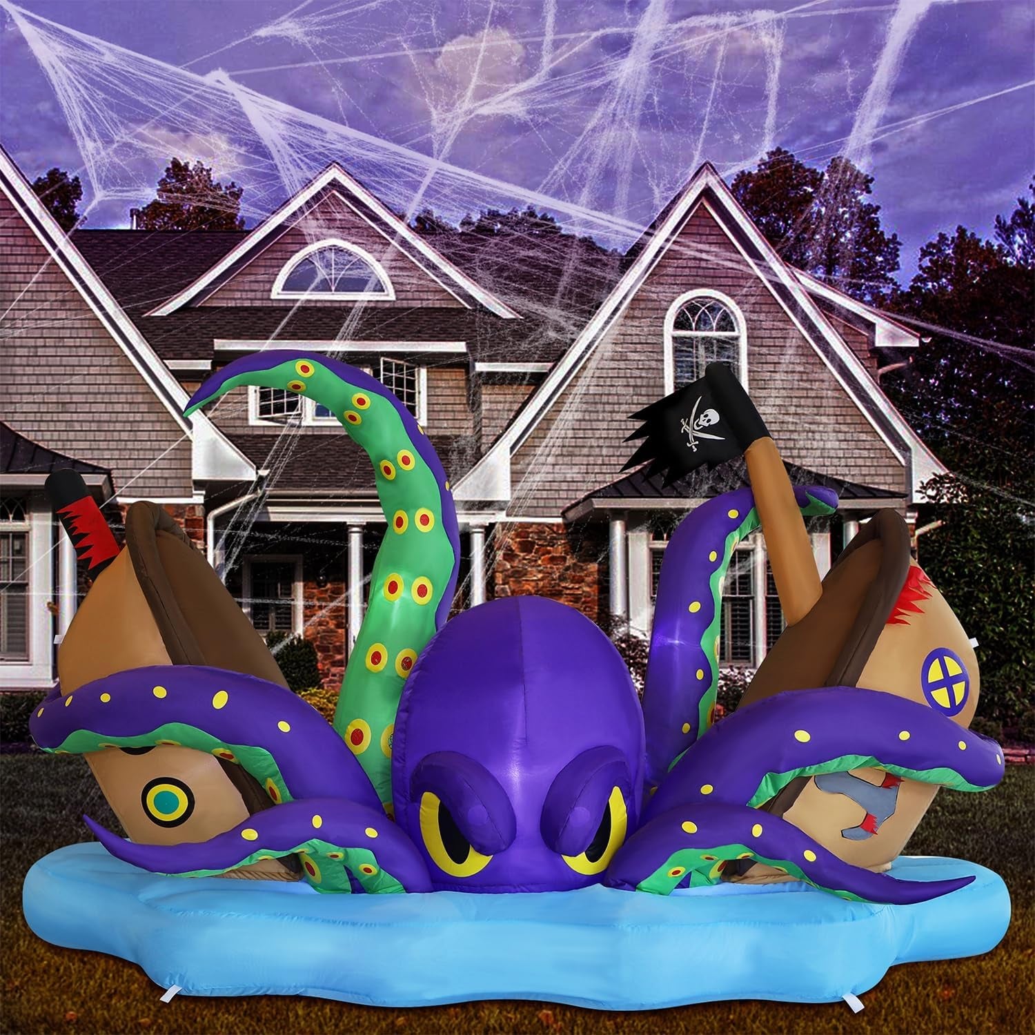 Halloween Inflatable Lighted Giant Octopus Attacked Pirate Ship, 7.5FT Long Spooky Purple Octopus & Haunted Ship with Lights, Animated Halloween Yard Prop, Outdoor Garden Lawn Blow up Decor