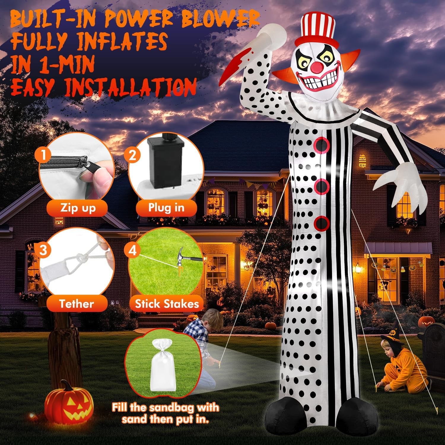 12Ft Giant Halloween Inflatables Creepy Clown, Huge Halloween Decorations Outdoor Blow up Yard Decorations Built-In Full-Body LED Light & Strong Blower for Home Decor Party Lawn