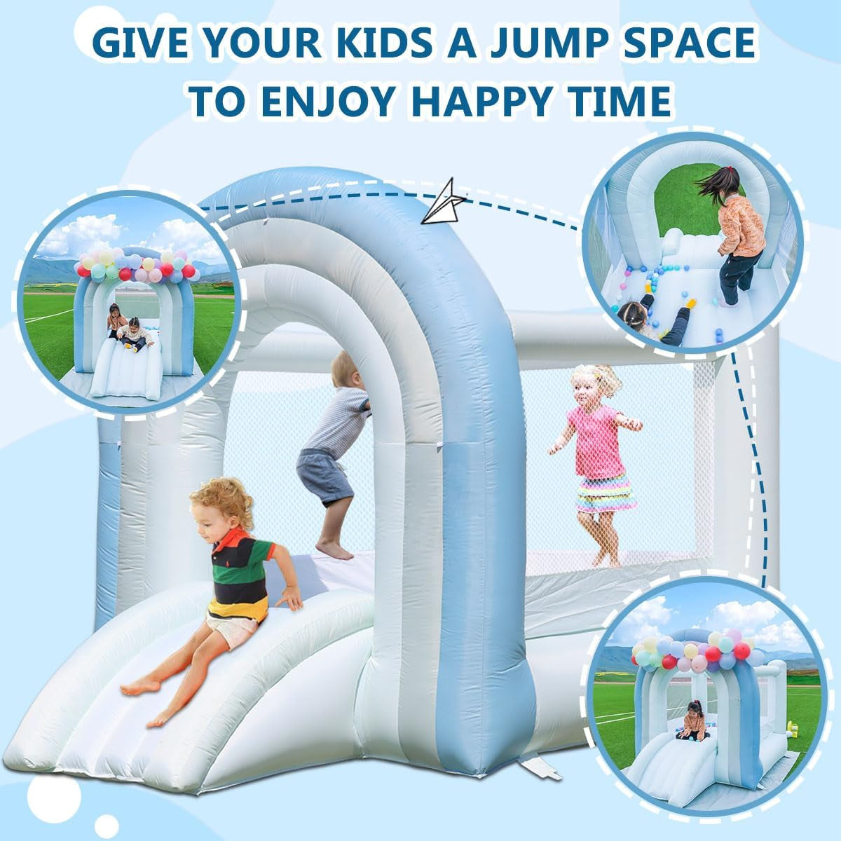 Bounce House, Inflatable Bounce House for Kids 3-8, White Blue Dream Bounce Castle with Blower, Large Jumping Area, Slide, DIY Rainbow Shaped Arched Doors, Perfect Bouncer for Kids Party