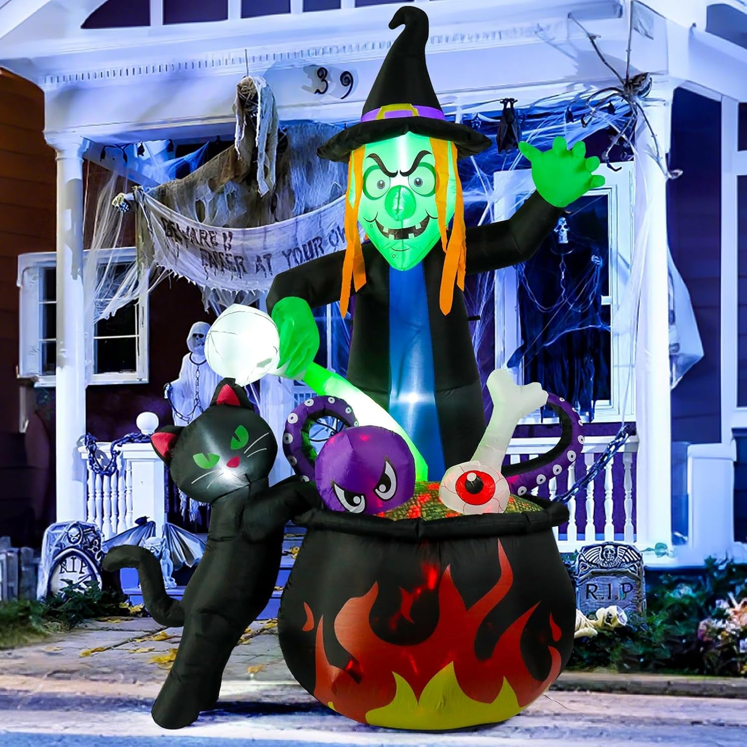 8FT Halloween Inflatable Witch Stirring Cauldron, Lighted Blow Up Yard Decoration with Cat, Tentacles & Eyeball, Giant Outdoor Prop for Lawn, Party, Haunted House