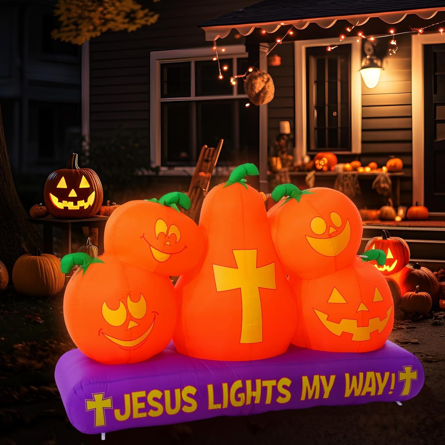 5 ft Halloween Christian Inflatable Pumpkins Decoration for Outdoor Jesus Lights My Way Inflatable Pumpkins Trunk or Treat Blow up Yard Decor Halloween with LED for Garden Lawn Holiday Decor