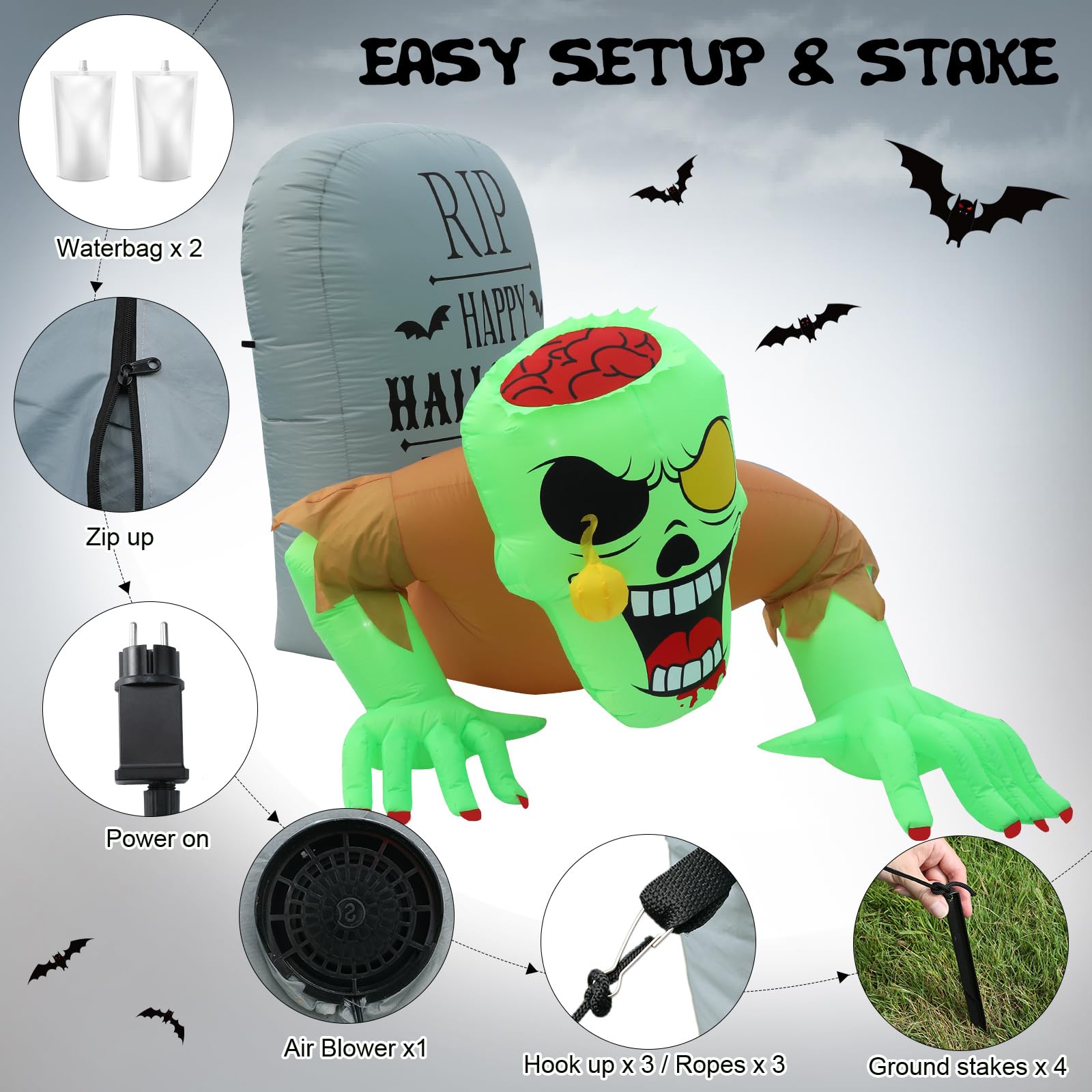 Inflatable Halloween Zombie Tombstone with LED Lights