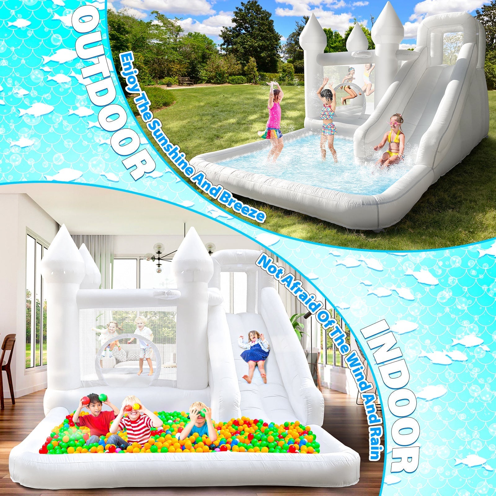 White Bounce House with Slide and Ball Pit