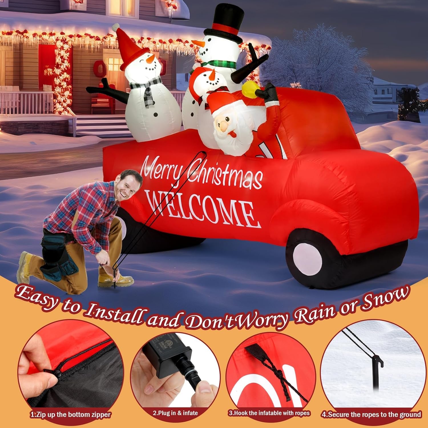 Outdoor Christmas Inflatables Decoration, 8FT Inflatable Christmas Santa with 3 Snowmen Decorations,Outdoor Blow Up Yard Decorations with Built-in LED for Outside, Holiday Lawn, Yard, Garden