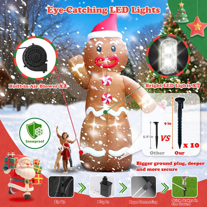 20FT Christmas Giant Inflatable Outdoor Decorations, Blow Up Gingerbread Man Yard Decoration, Xmas Decor Build-in LED Lights for Garden Lawn Yard Porch Holiday Party