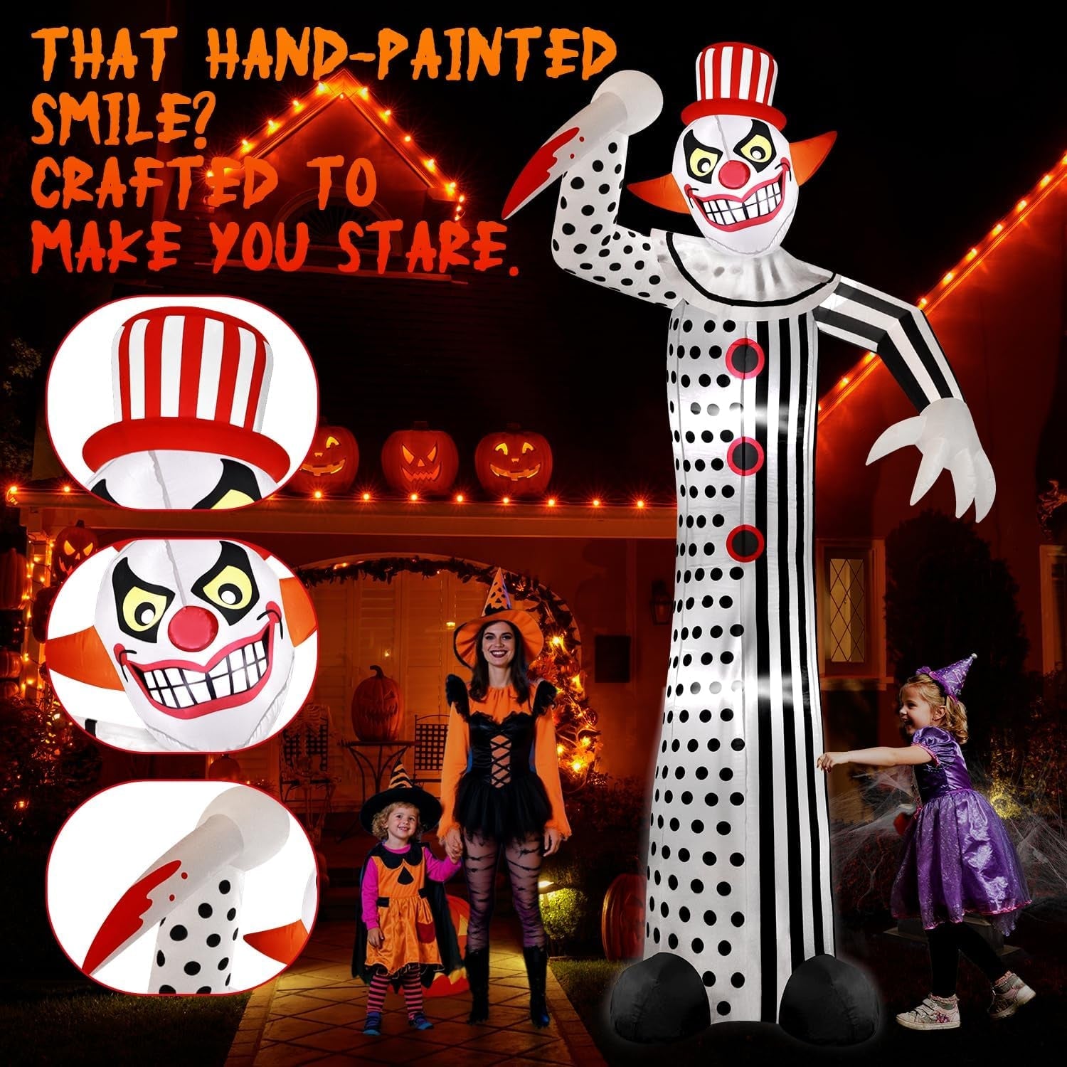 12Ft Giant Halloween Inflatables Creepy Clown, Huge Halloween Decorations Outdoor Blow up Yard Decorations Built-In Full-Body LED Light & Strong Blower for Home Decor Party Lawn