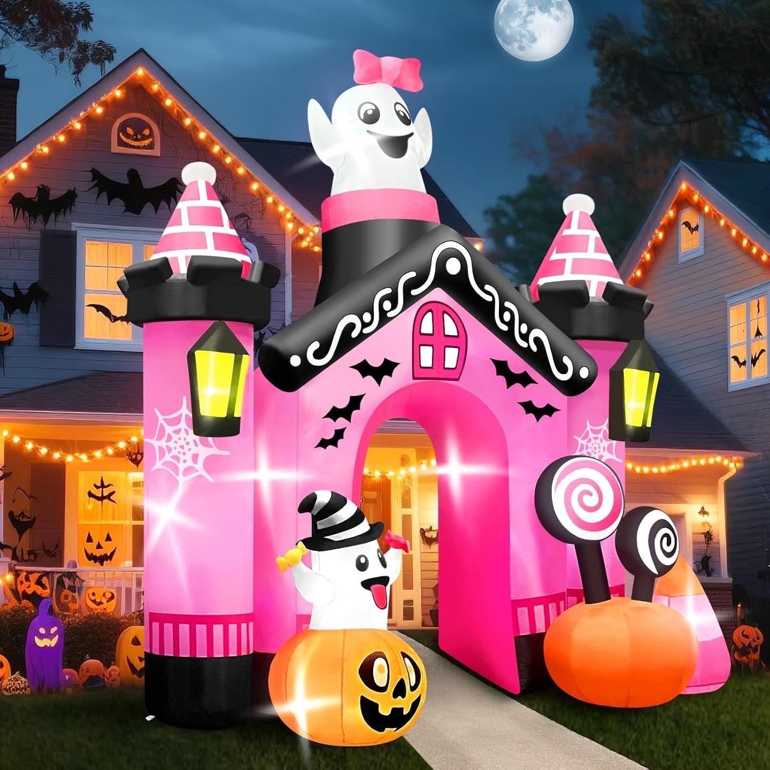 11 FT Halloween Inflatables Ghost Archway Outdoor Decorations, Pink Castle Arch Blow Up Yard Decorations Scary Inflatable with Build-in Lights for Yard Garden Lawn Indoor Outdoor Decor