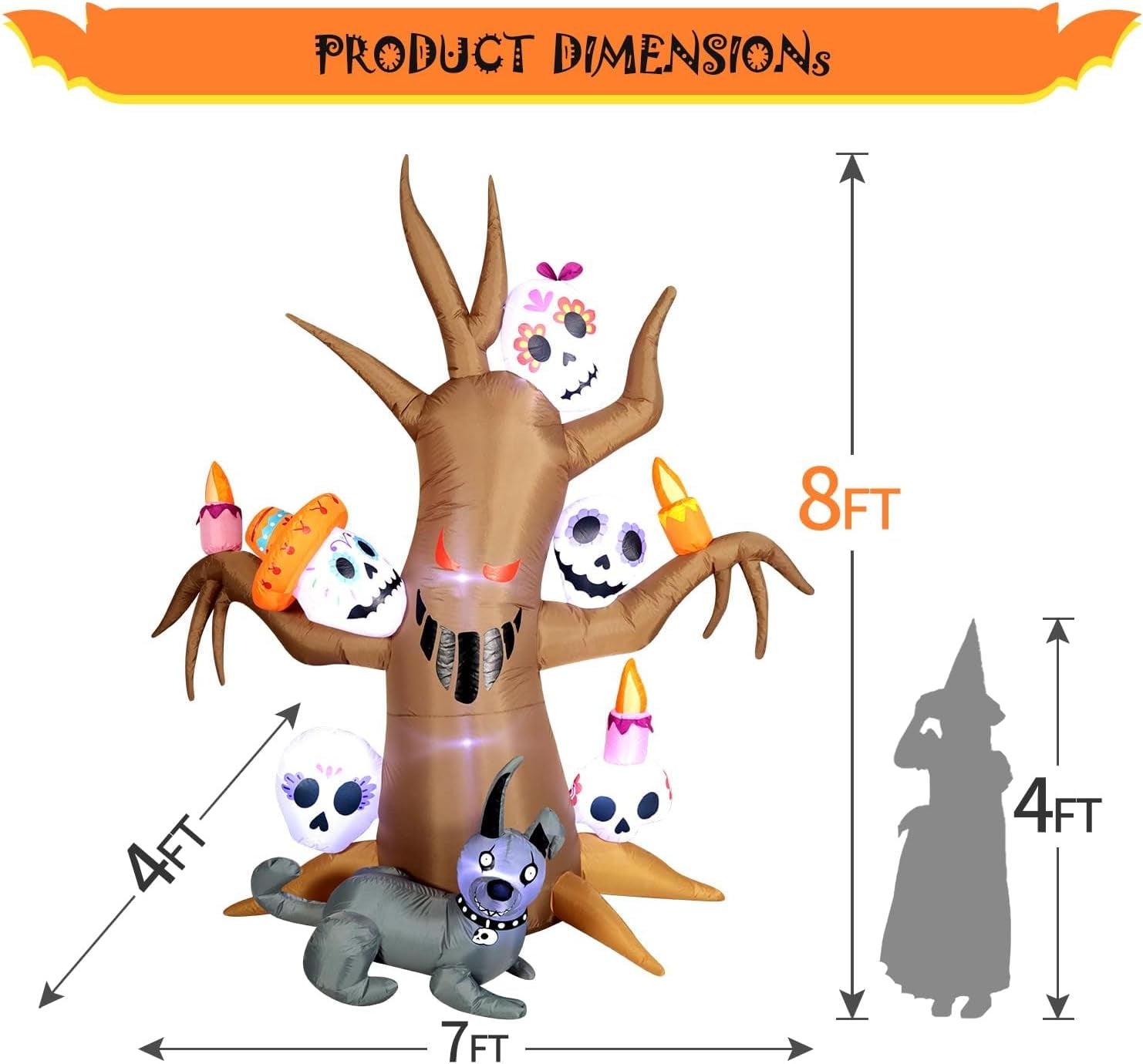 Tree Halloween Inflatable Blow Up Decorations, Dia de Los Muertos 8FT Day of The Dead Spooky Tree with Catrina Skull and Hairless Dog, Built-in LEDs for Holiday, Garden Lawn Yard Patio Décor