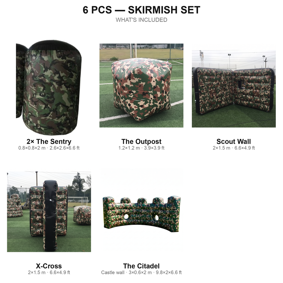 6 pcs Skirmish Set contents — camo airsoft bunkers