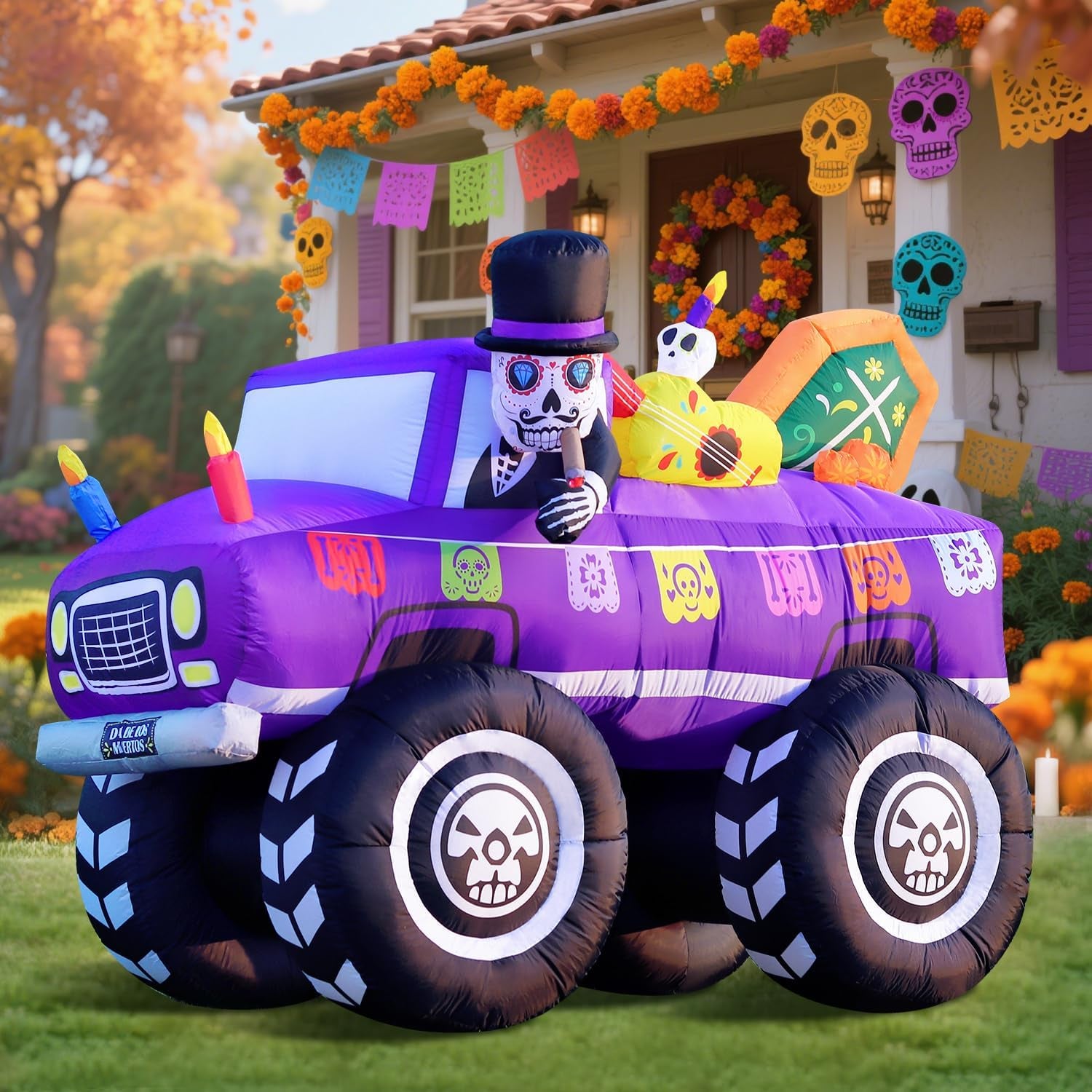 7FT Halloween Inflatable Blow Up Decorations, Dia de Los Muertos Day of Dead Catrina Skulls Monster Truck, Built-in LEDs for Holiday Party, Garden, Lawn, Yard, Patio Décor
