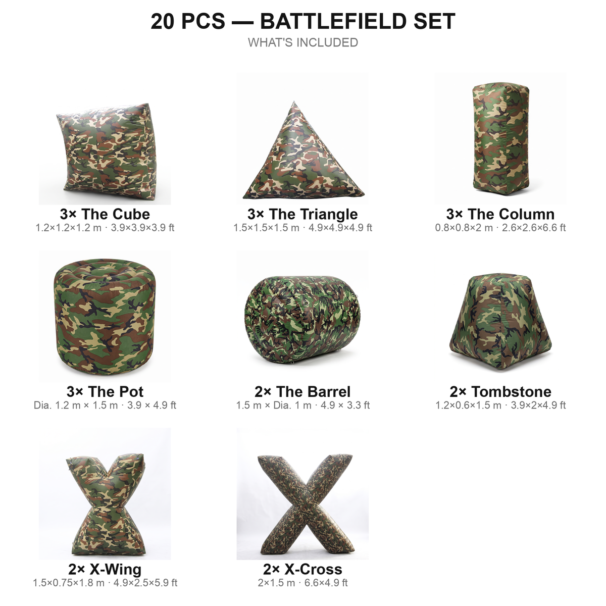 20 pcs Battlefield Set contents — camo paintball bunkers