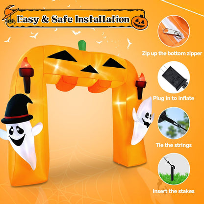 9FT Giant Halloween Inflatable Pumpkin Arch with Ghost Outdoor Decoration,Halloween Blow Up Archway with Tombstones and Around Cauldron Built-in LED Lights Yard Decorations Parties