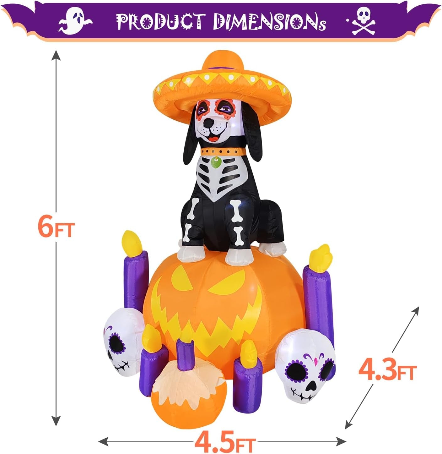 Halloween Inflatable Blow Up Decorations, Dia de Los Muertos 6FT Day of Dead Catrina Dog with Pumpkin and Candles, Built-in LEDs for Holiday Party, Garden, Lawn, Yard, Patio Décor