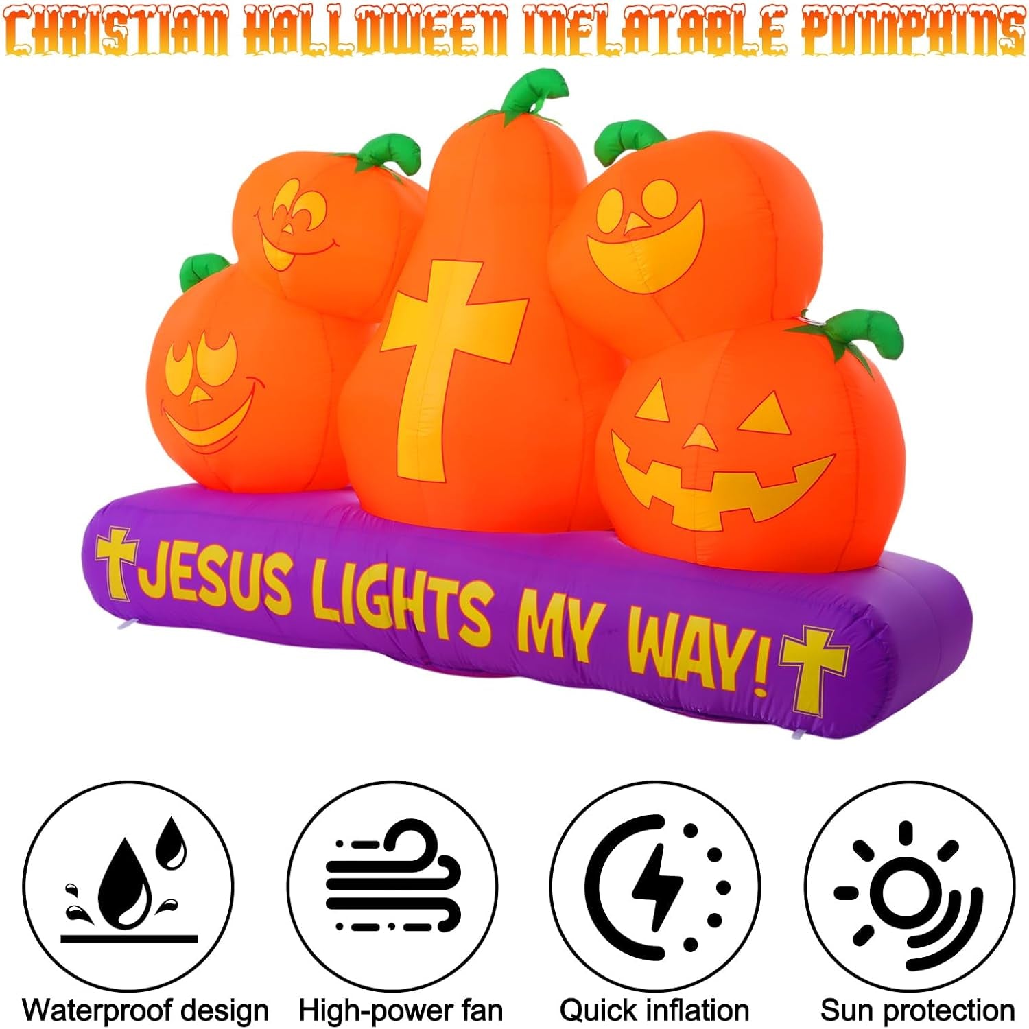 5 ft Halloween Christian Inflatable Pumpkins Decoration for Outdoor Jesus Lights My Way Inflatable Pumpkins Trunk or Treat Blow up Yard Decor Halloween with LED for Garden Lawn Holiday Decor