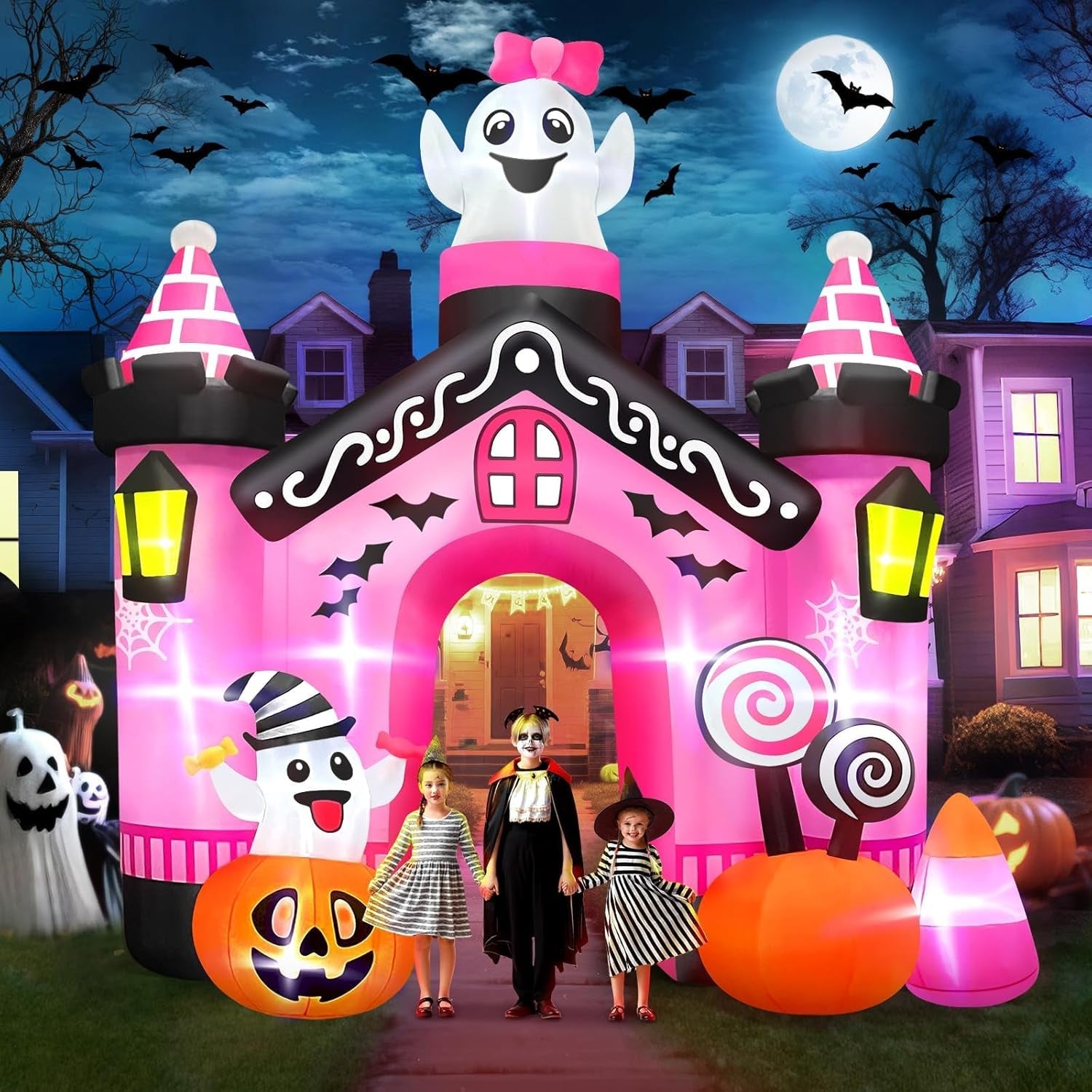 11 FT Halloween Inflatables Ghost Archway Outdoor Decorations, Pink Castle Arch Blow Up Yard Decorations Scary Inflatable with Build-in Lights for Yard Garden Lawn Indoor Outdoor Decor